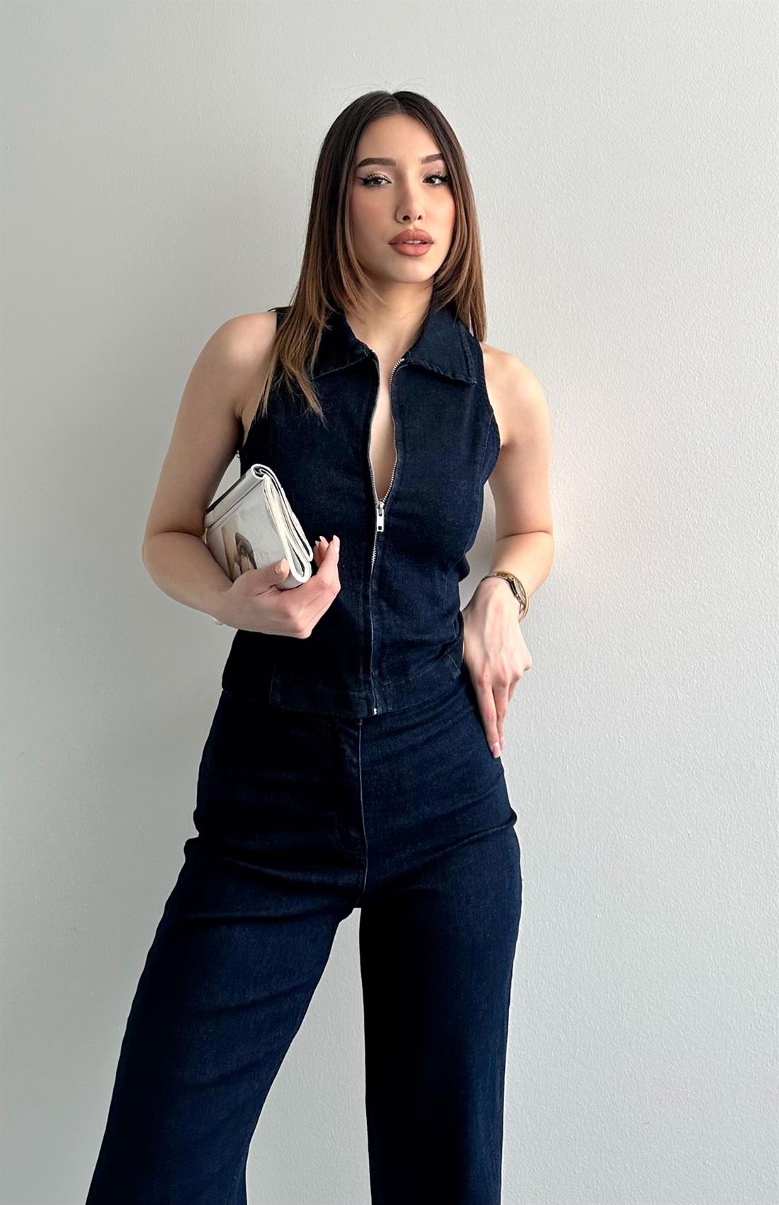 Fermuarlı Denim Yelek LACİVERT