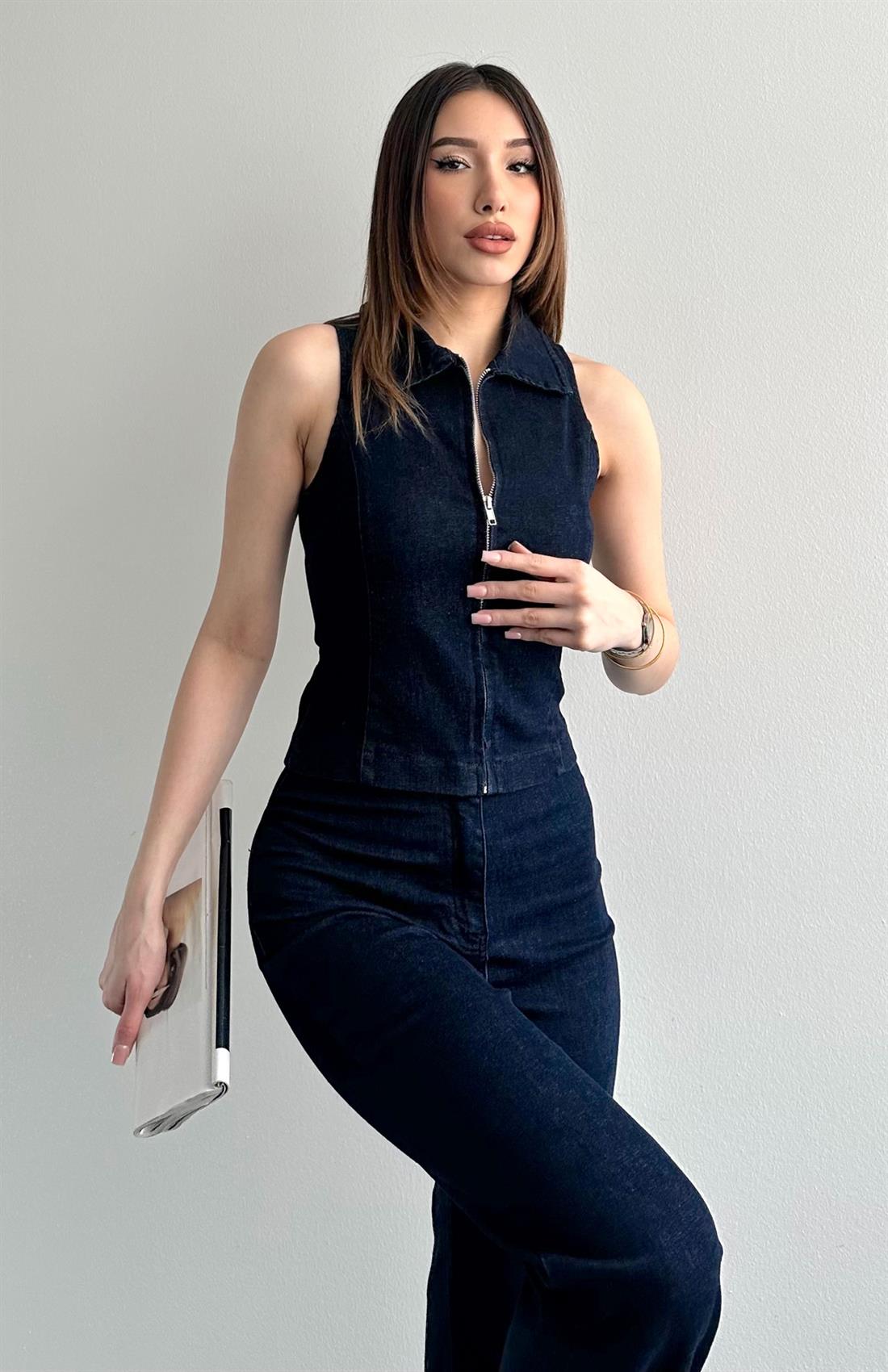 Fermuarlı Denim Yelek LACİVERT