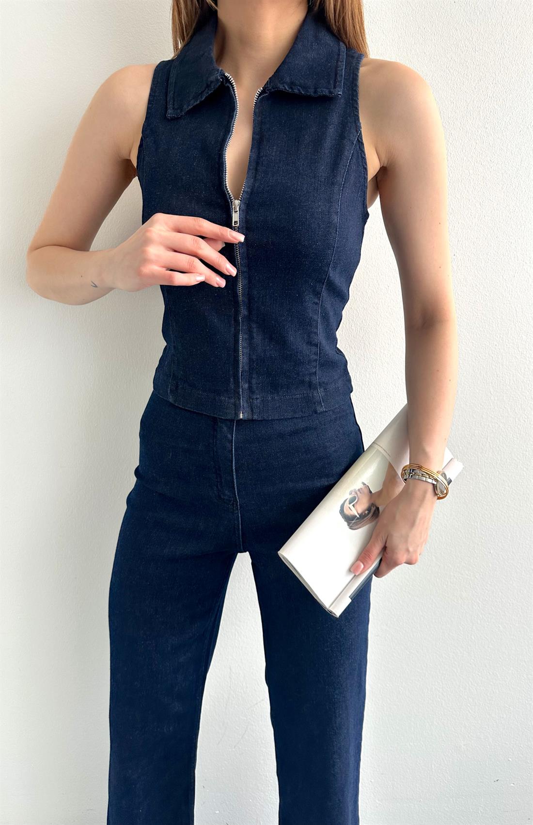 Fermuarlı Denim Yelek LACİVERT