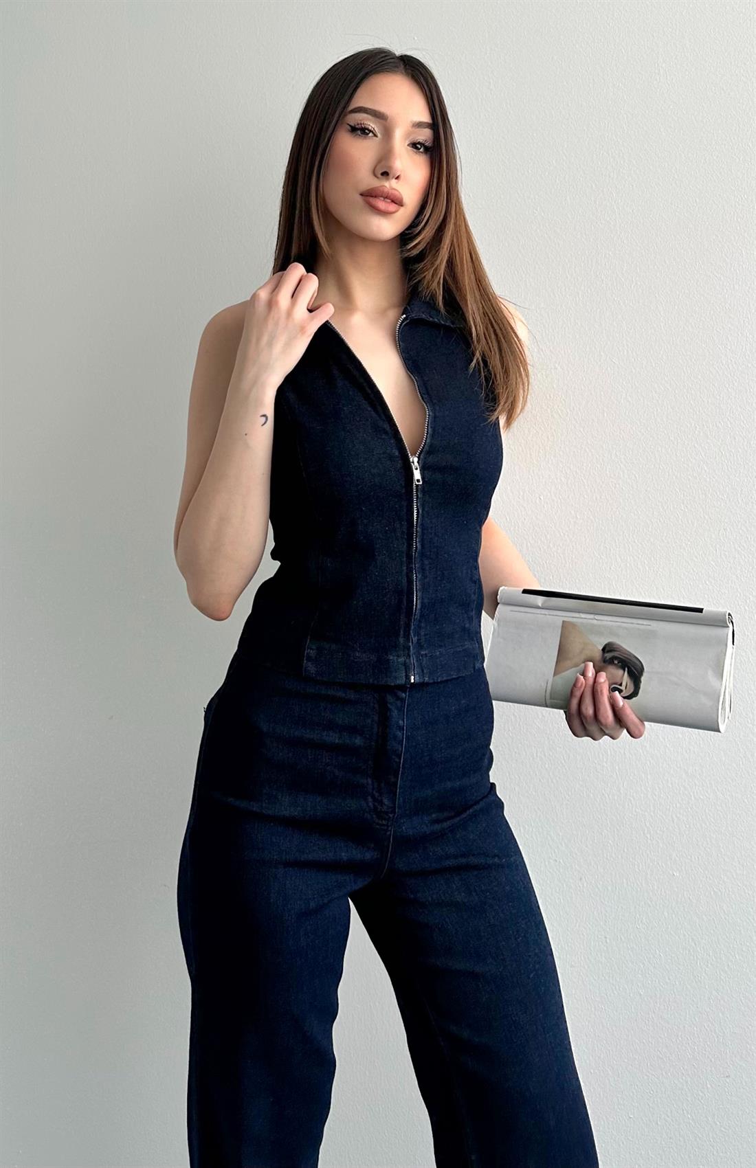 Fermuarlı Denim Yelek LACİVERT