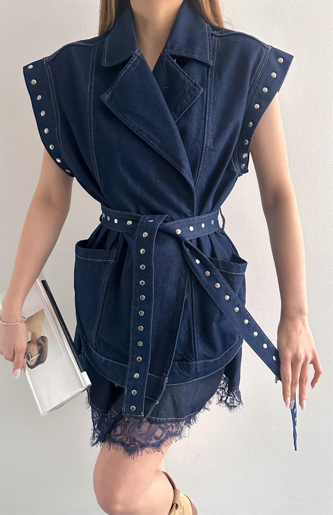 Kuşaklı Trop Detaylı Oversize Yelek RİNS