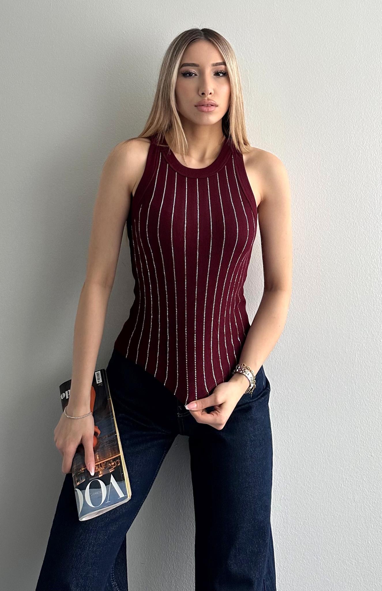 Halter Yaka Taş Baskılı Atlet BORDO