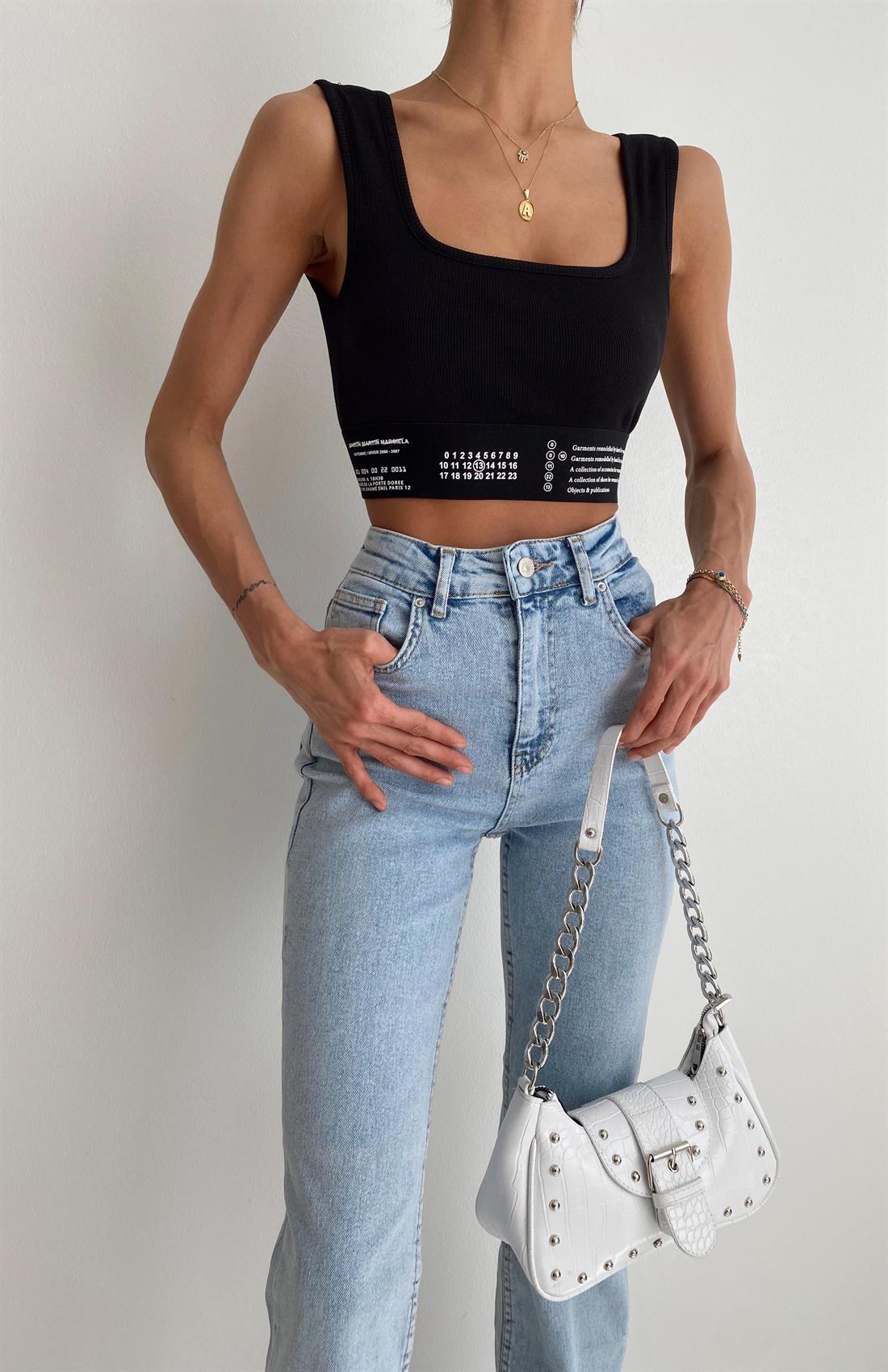 Lastik Detaylı Crop Atlet SİYAH