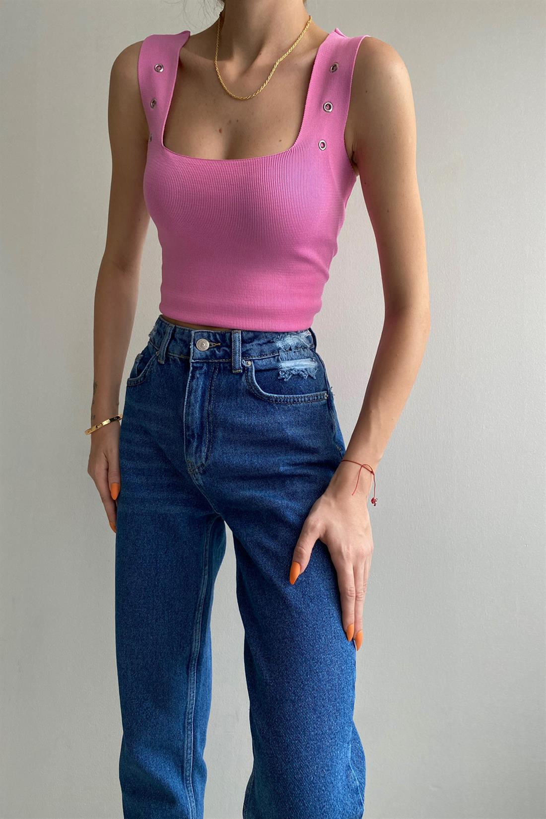 Omuzları Delikşi Triko Atlet PEMBE