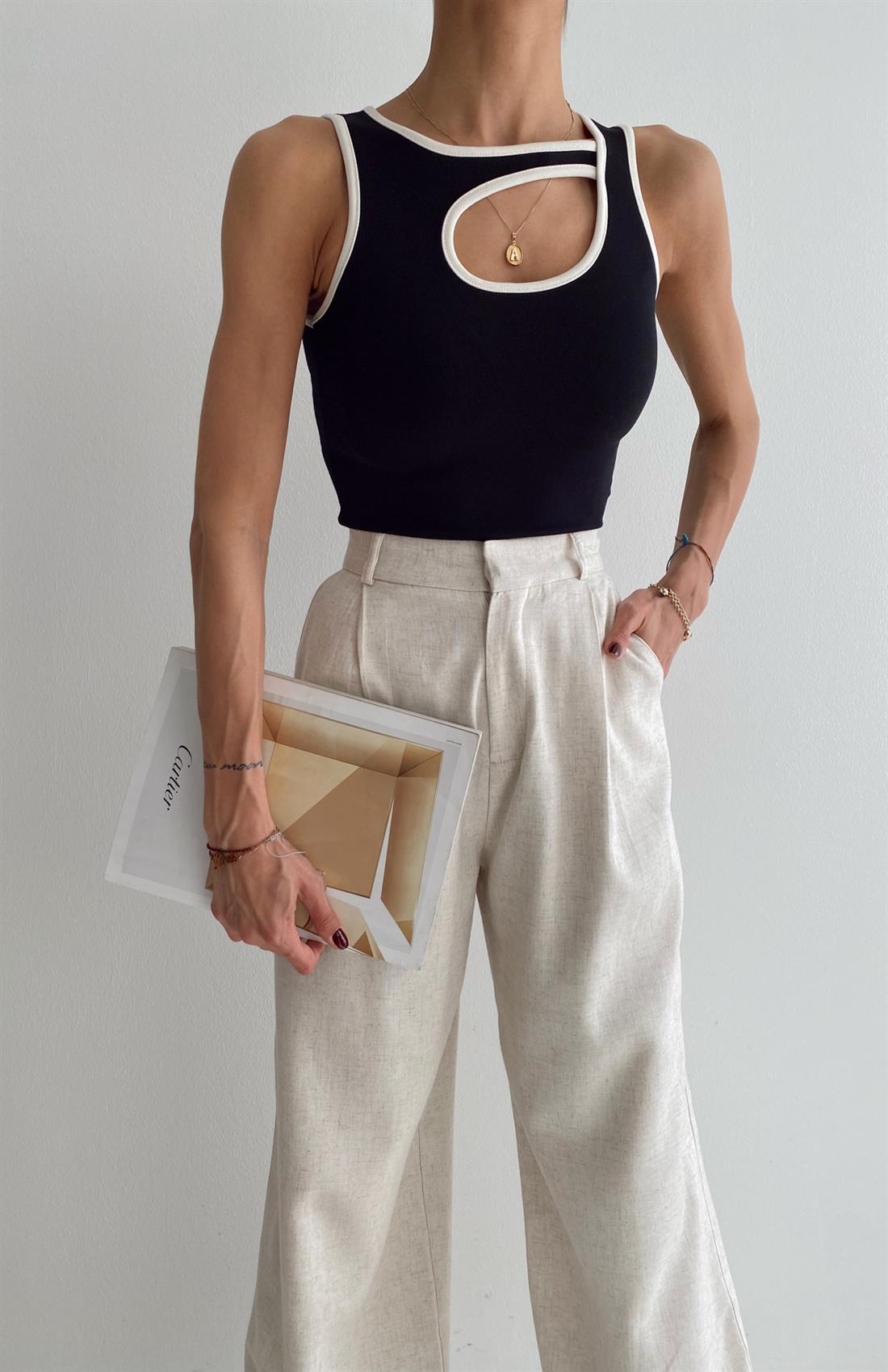 Şeritli Atlet SİYAH-EKRU