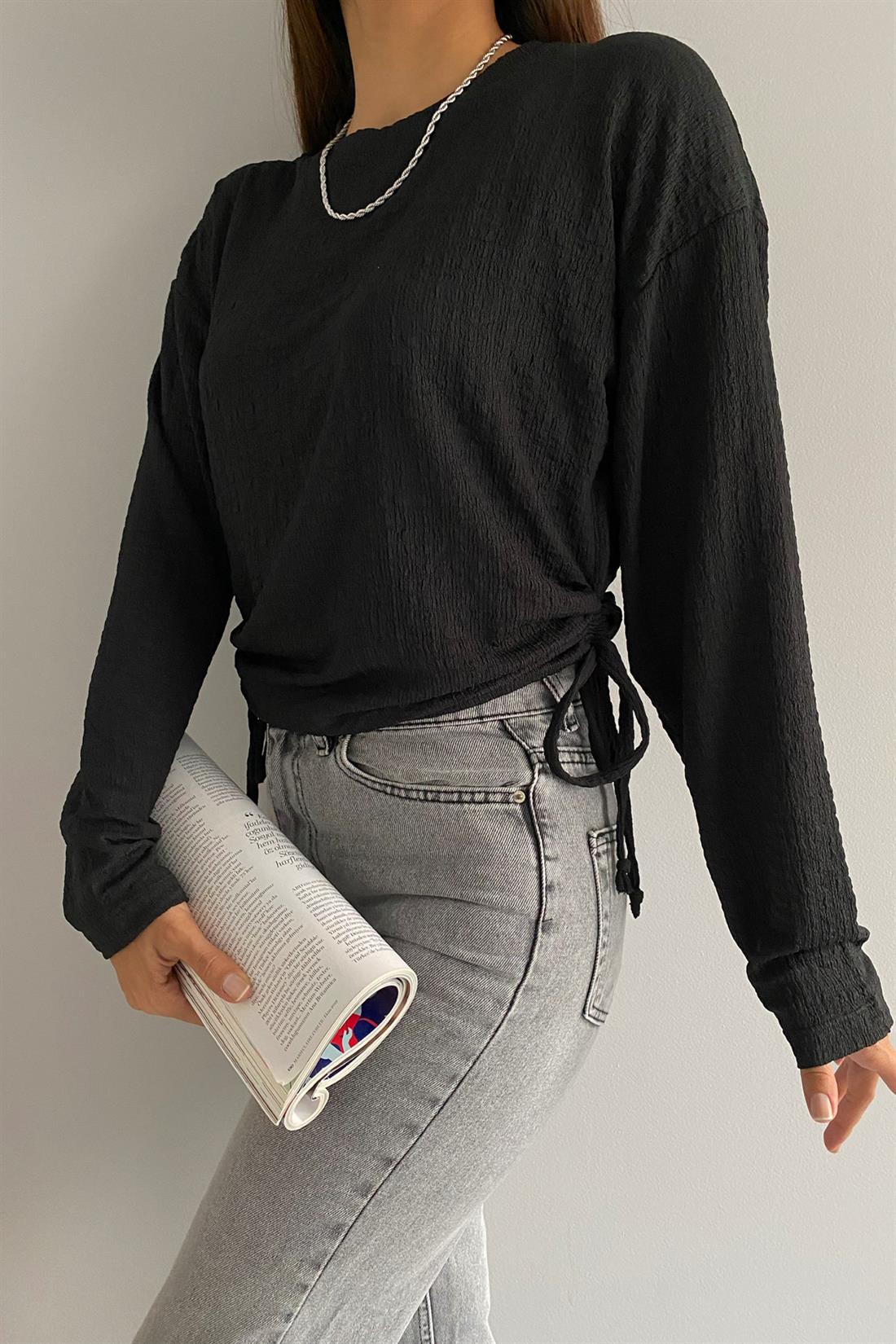 2 Yani İpli Büzgülü Bluz SİYAH