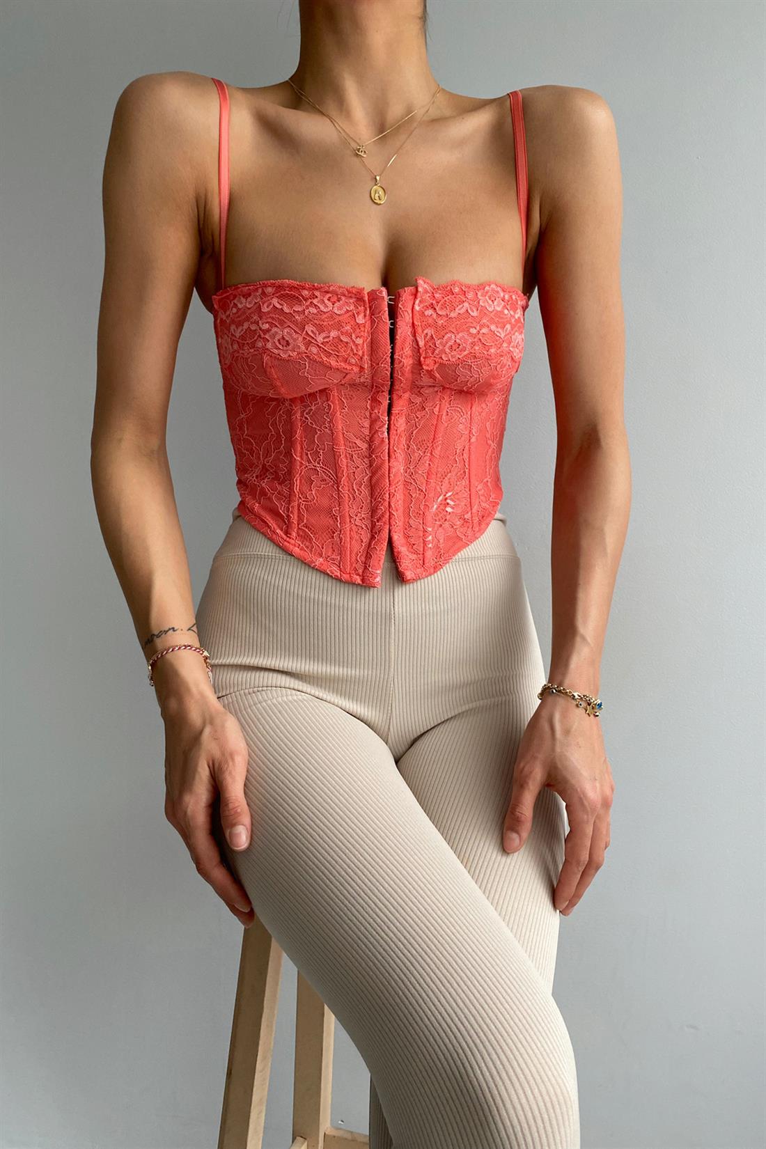 Dantel Detaylı Korse Top PEMBE