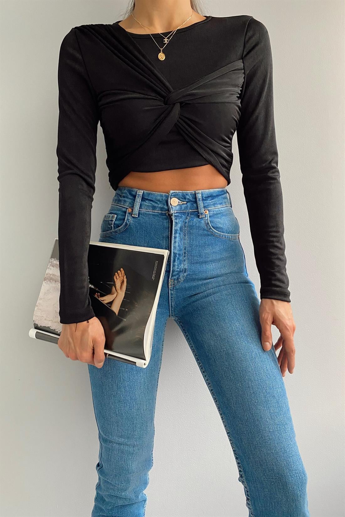 Drape Crop Top Bluz SİYAH
