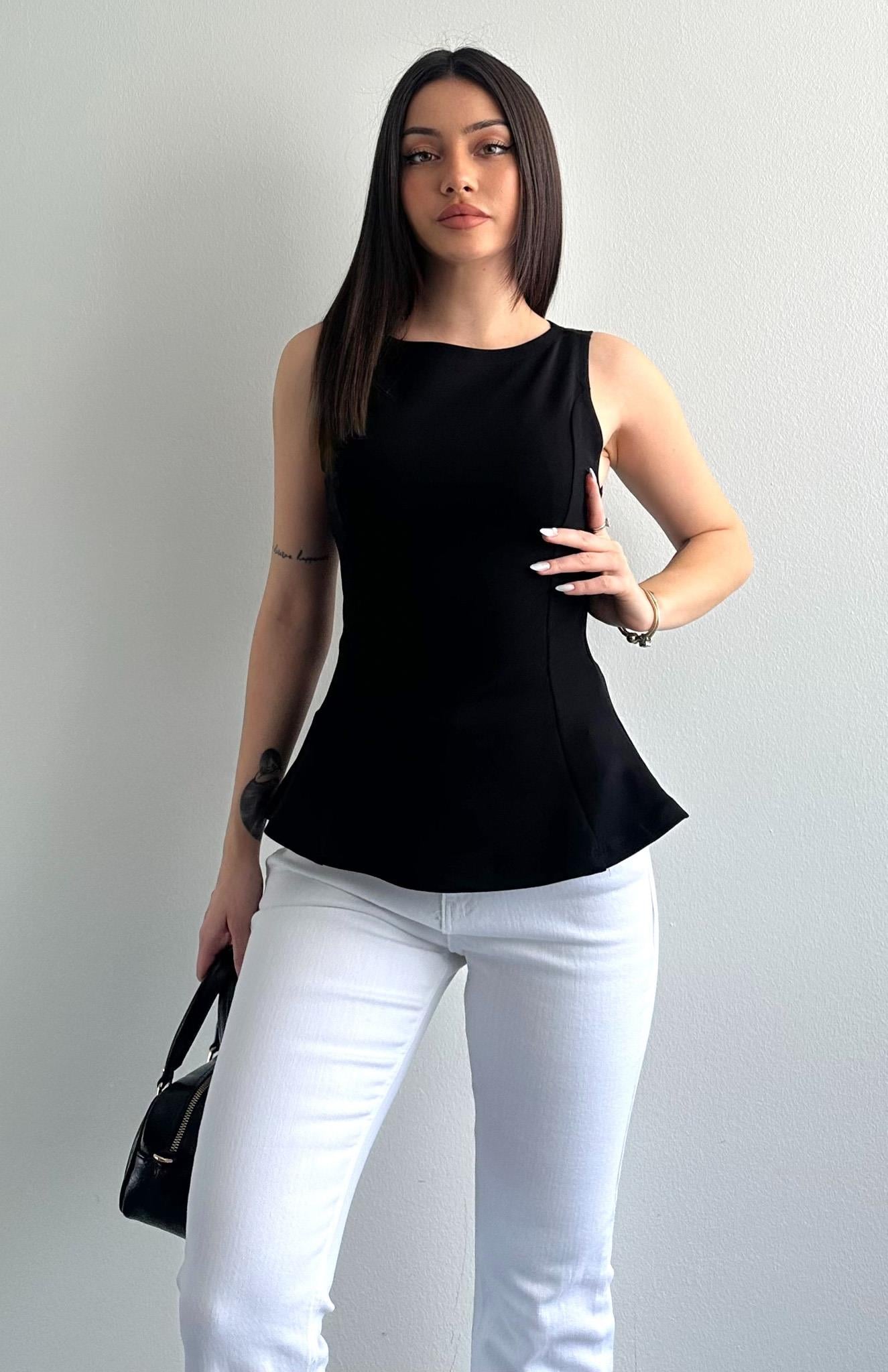 Kayık Yaka Peplum Bluz SİYAH
