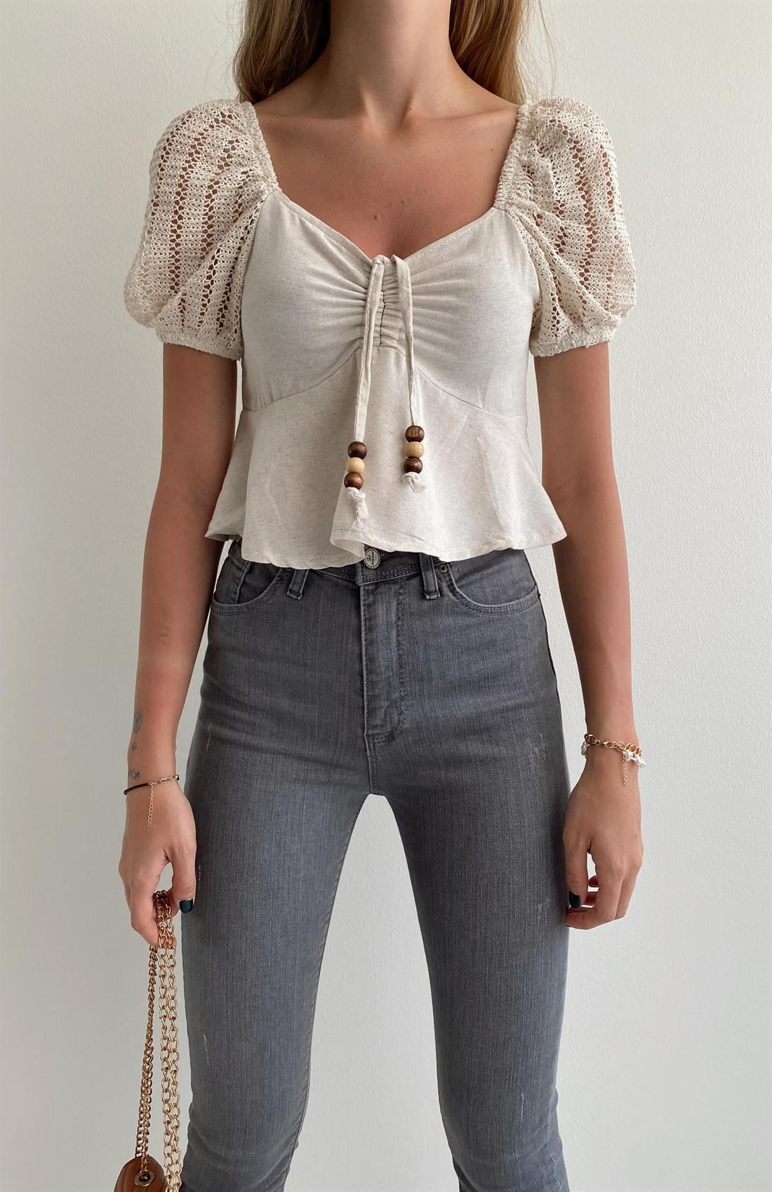 Kolu Dantelli Bluz NATURAL