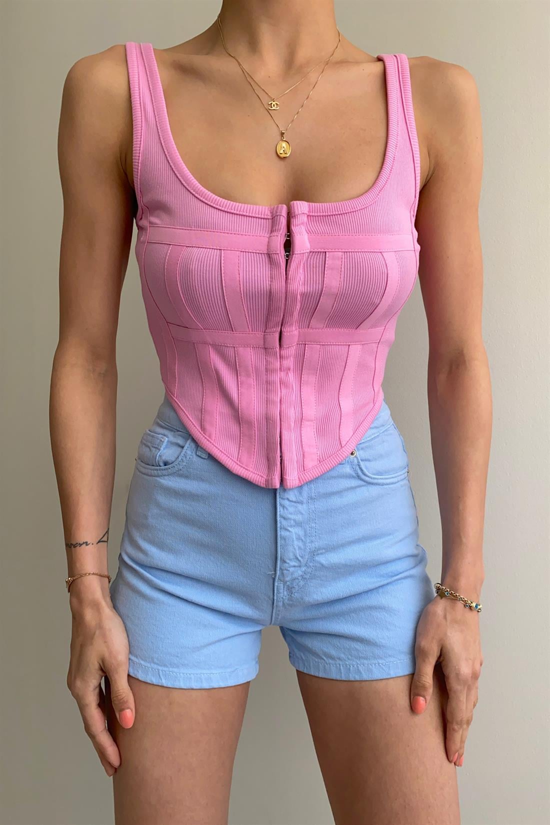 Korse Top Bluz PEMBE