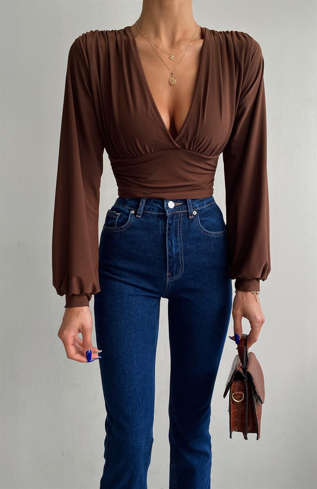 Önü Büzgülü Crop Bluz KAHVERENGİ