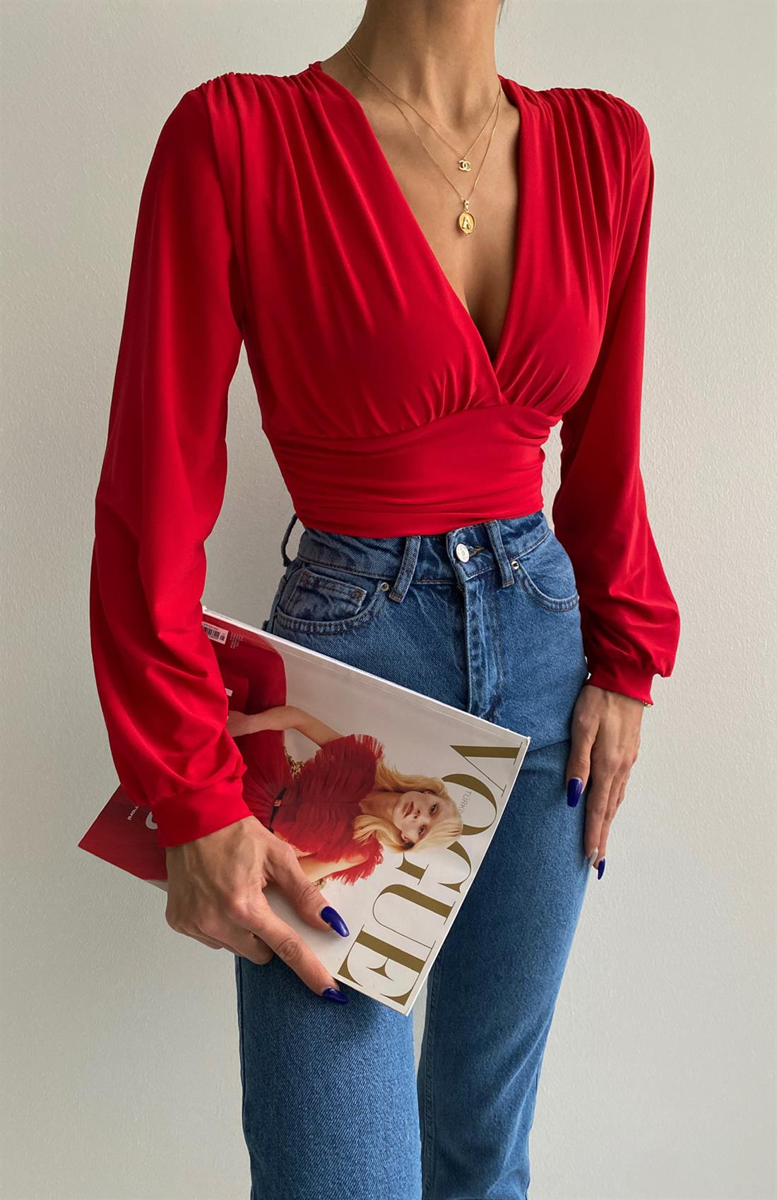 Önü Büzgülü Crop Bluz KIRMIZI