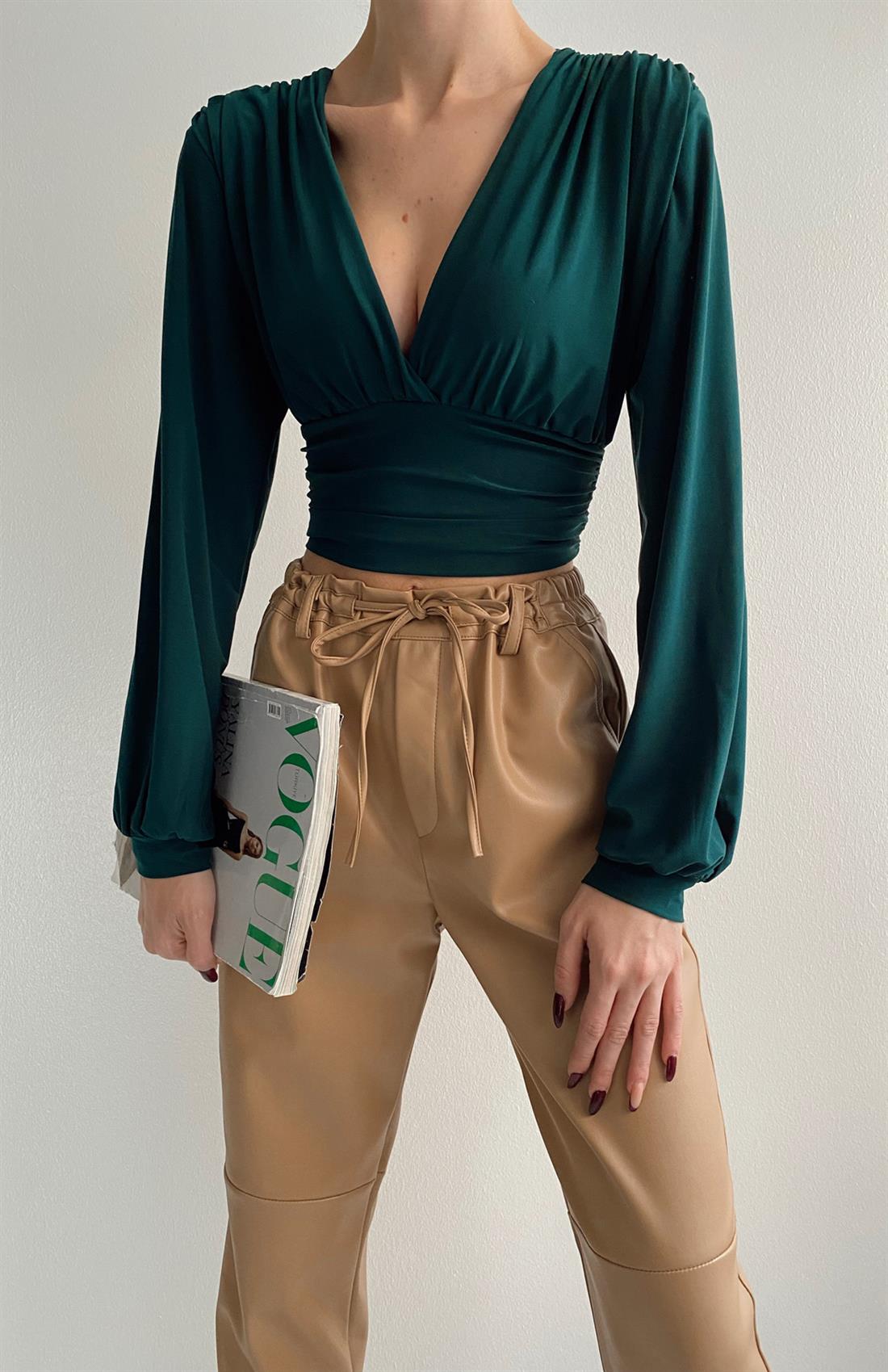 Önü Büzgülü Crop Bluz ZÜM.YEŞİL