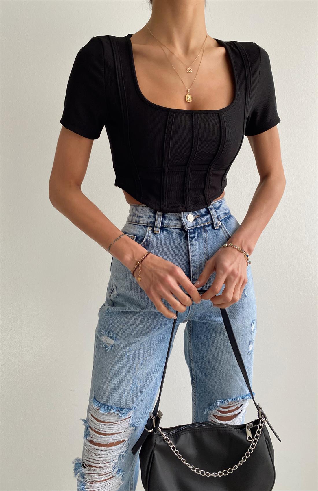 Şeritli Biyeli Bluz SİYAH