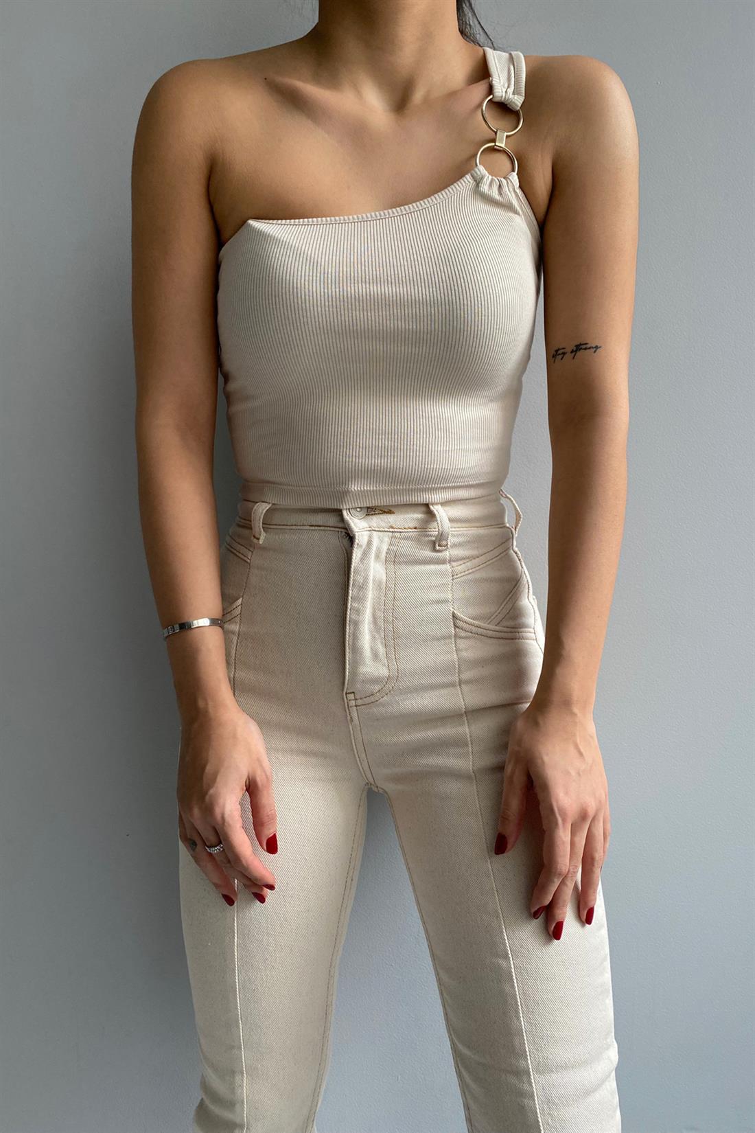Tek Omuzlu Crop Top BEJ
