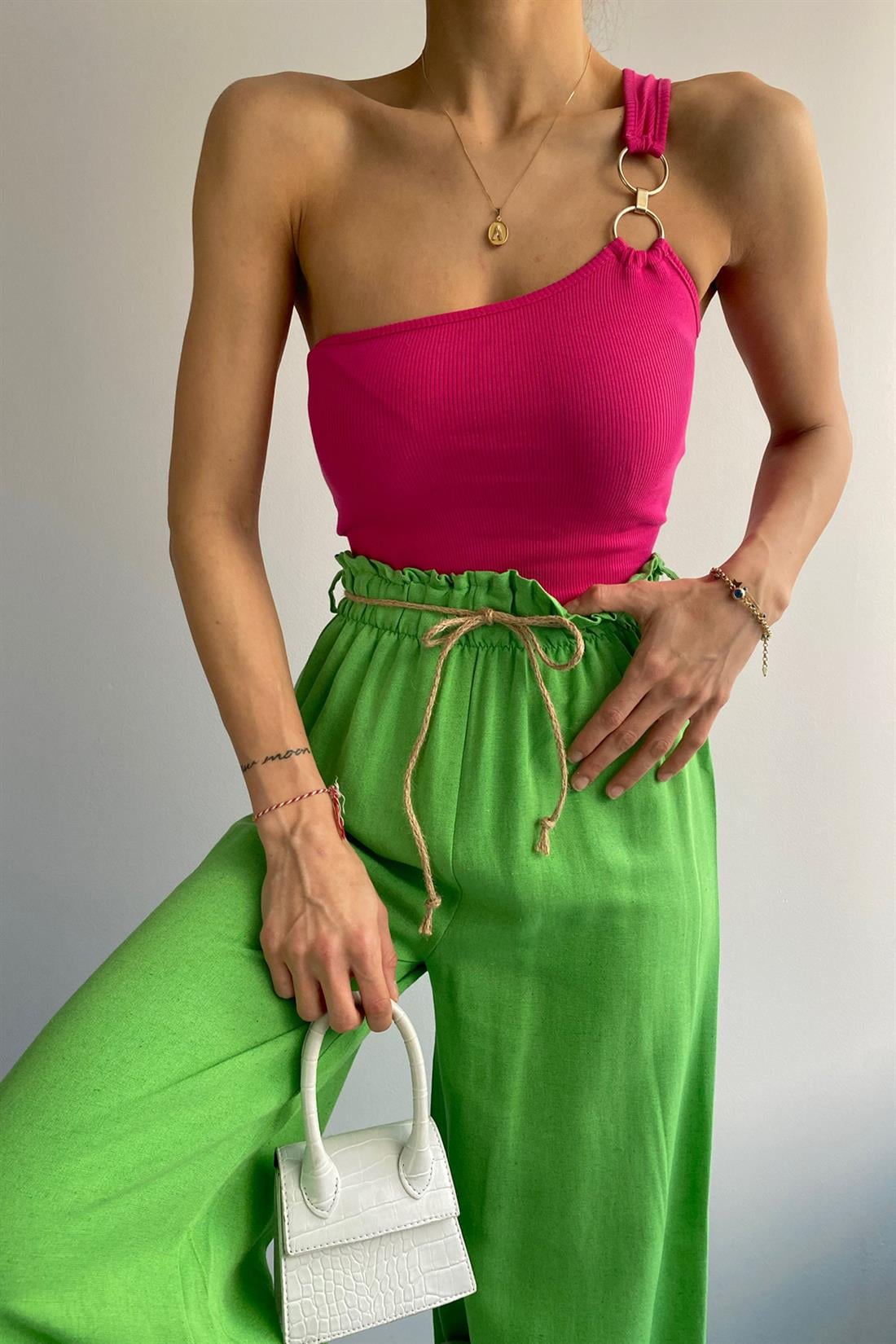 Tek Omuzlu Crop Top FUŞYA