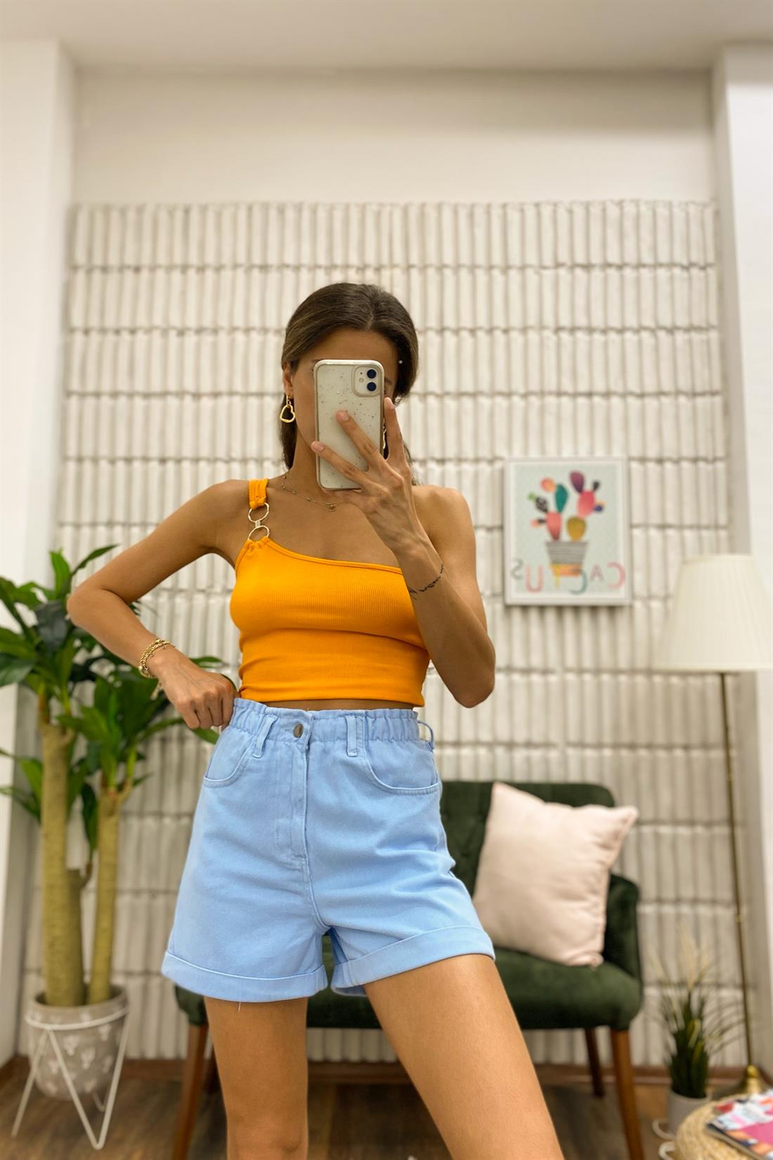 Tek Omuzlu Crop Top TURUNCU