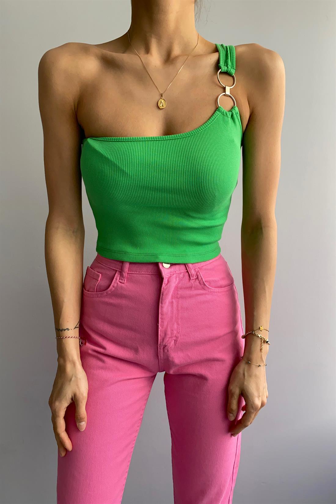 Tek Omuzlu Crop Top YEŞİL