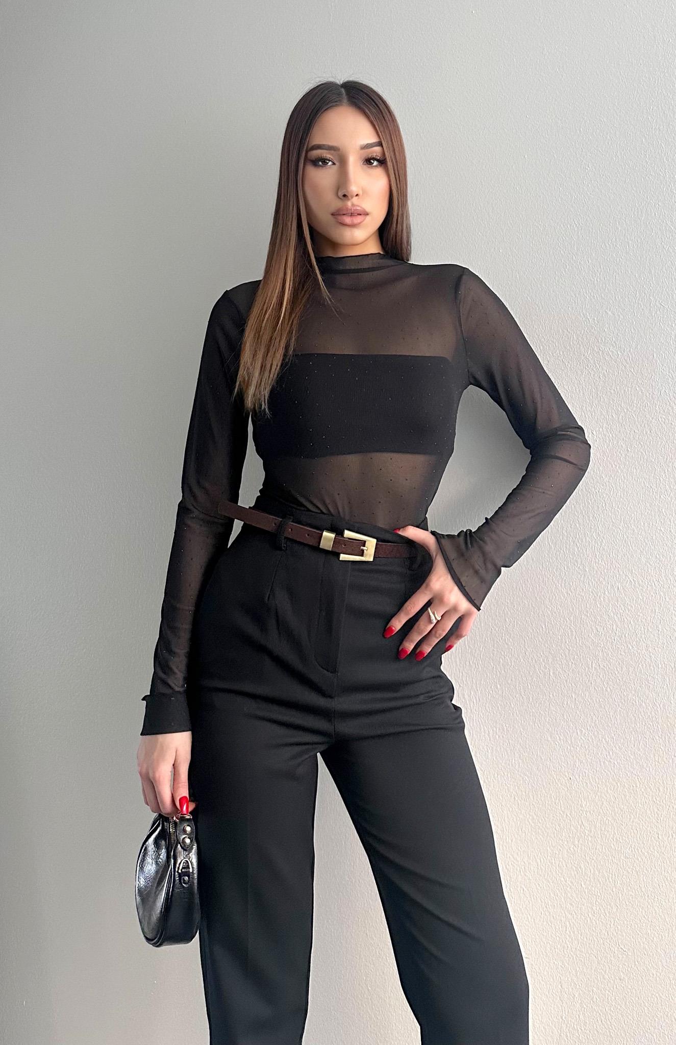 Transparan Taşlı Bluz SİYAH