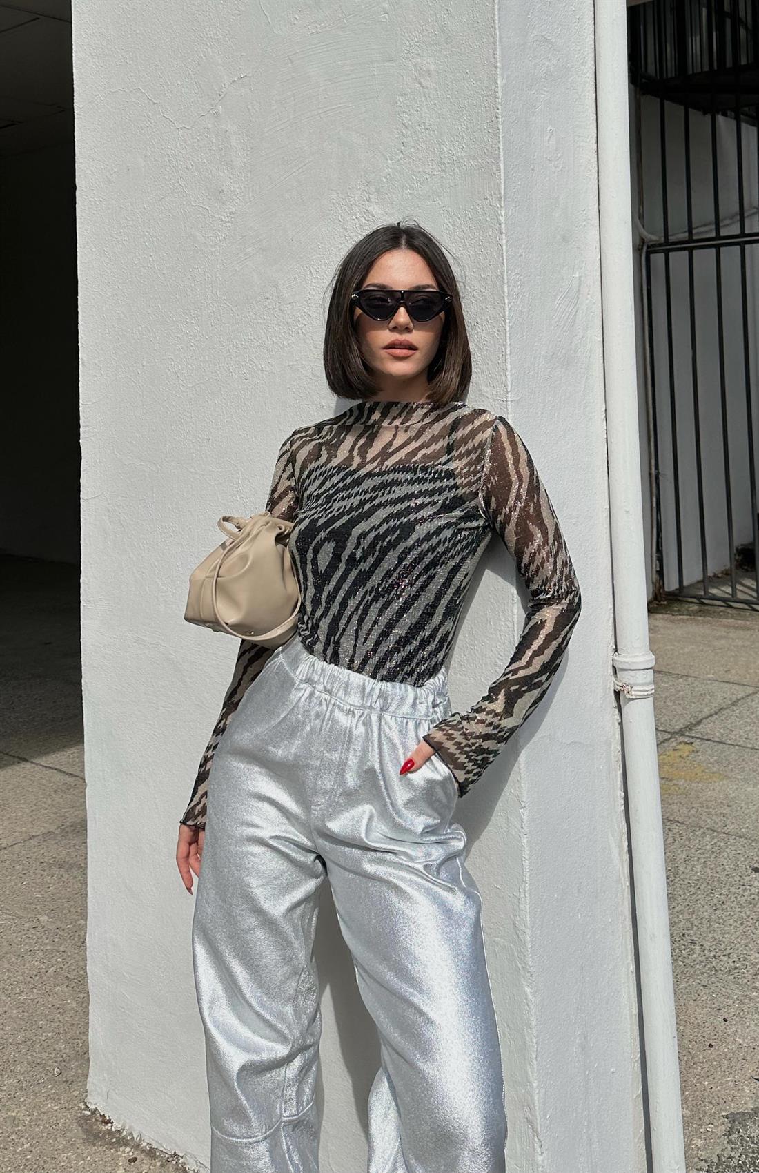 Zebra Desen Tül Bluz SİYAH