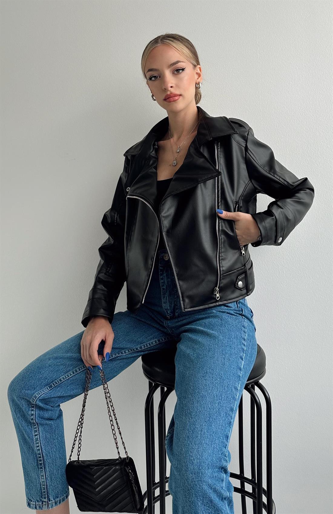 Biker Deri Ceket SİYAH