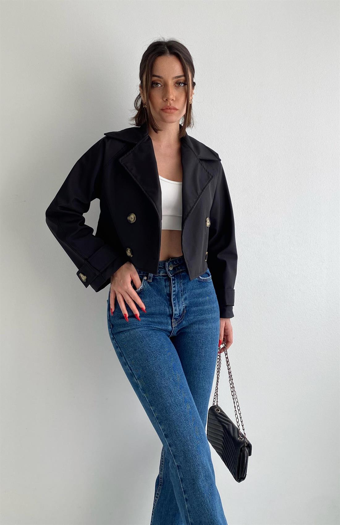 Crop Trench Ceket SİYAH