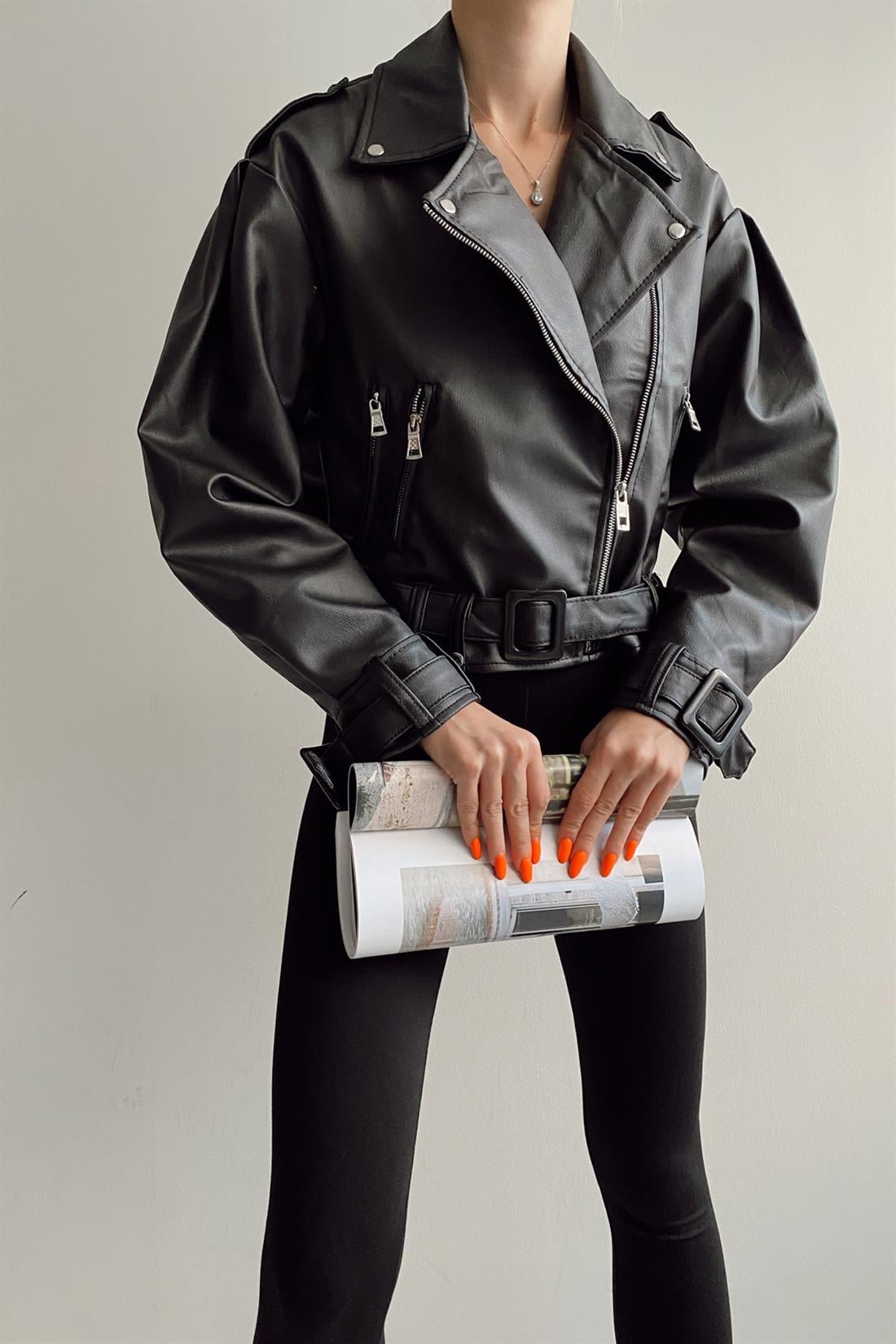 Fermuarlı Deri Ceket SİYAH