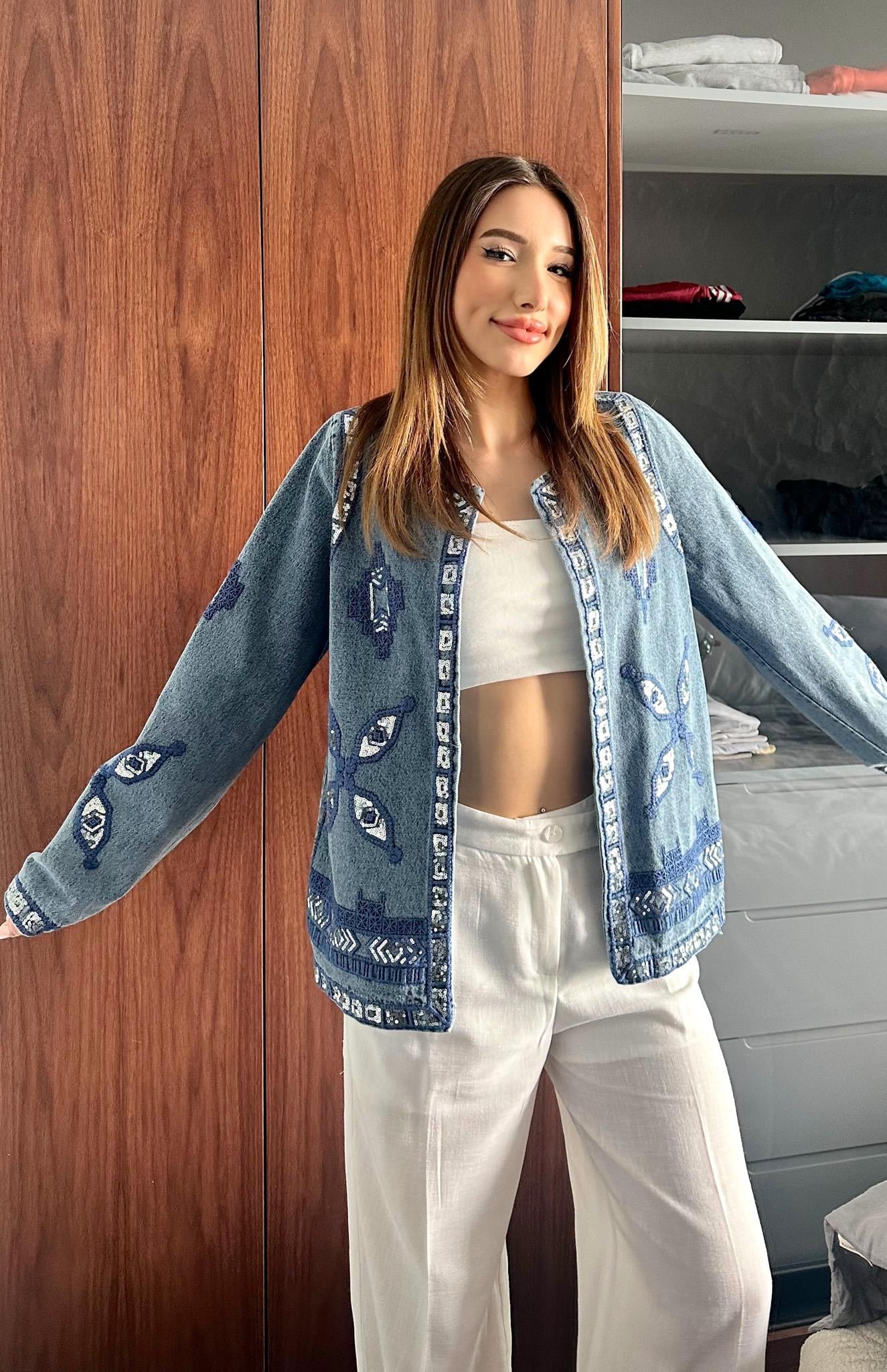 Nakişlı Kot Ceket MAVİ