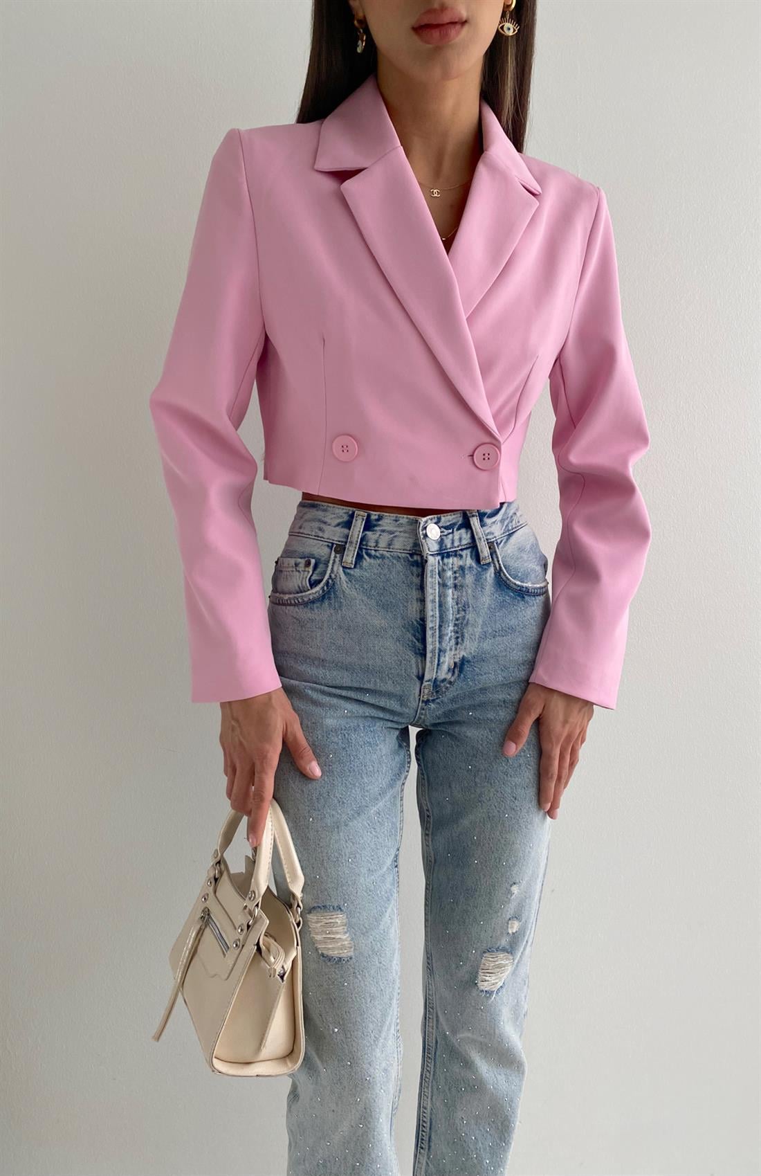 Tek Düğmeli Crop Ceket PEMBE