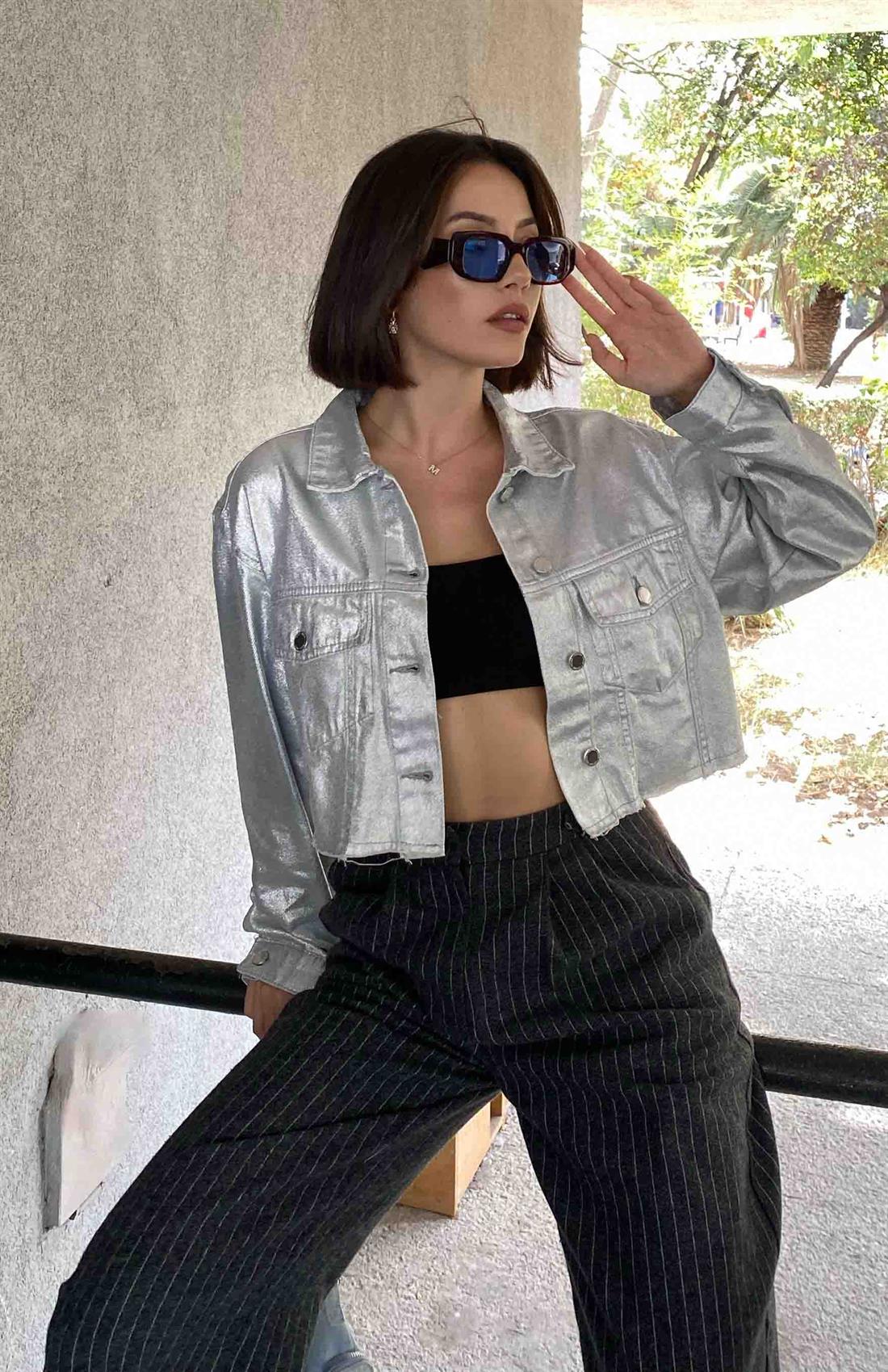 Varaklı Crop Ceket GÜMÜŞ