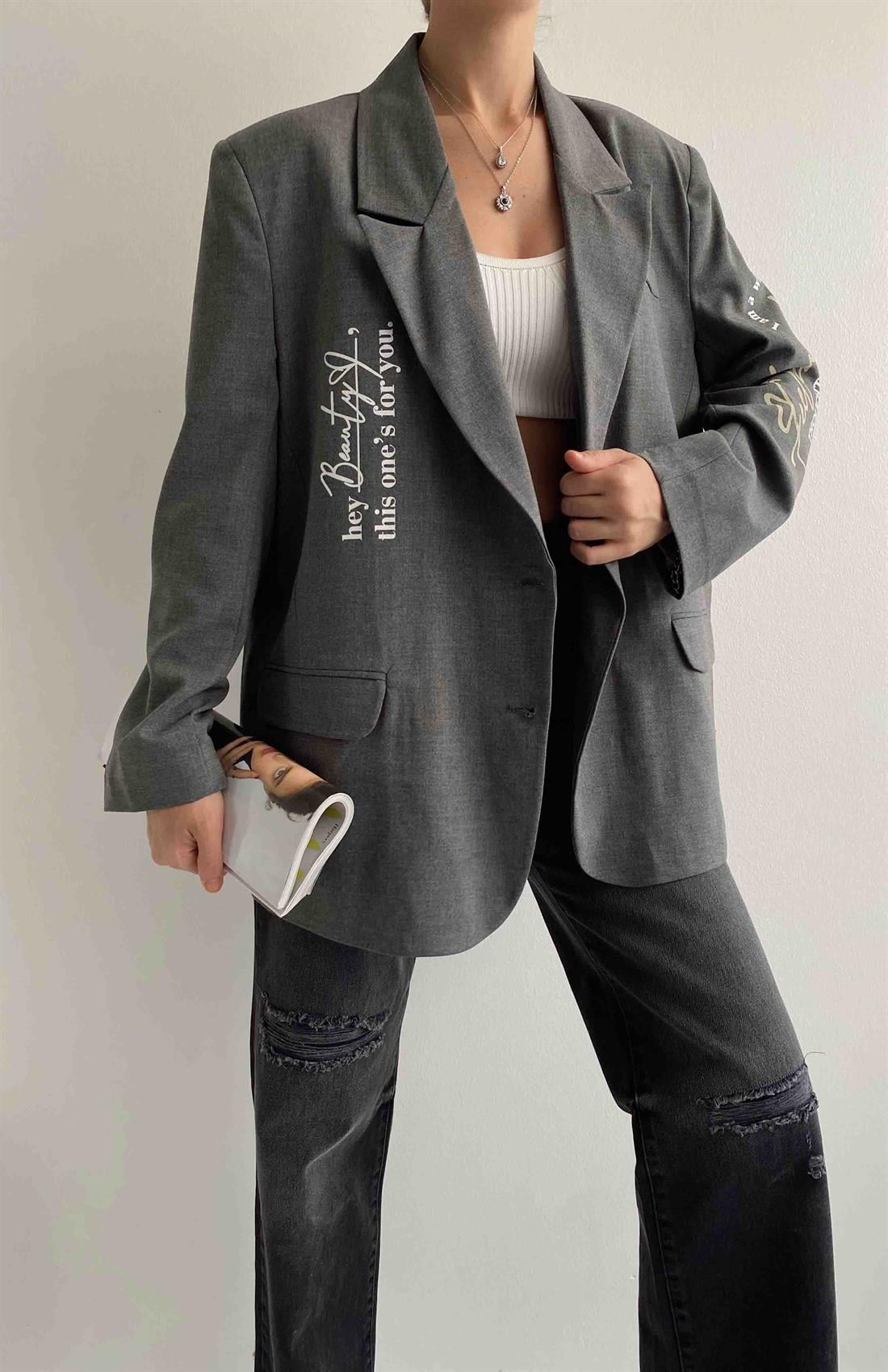 Yazılı Oversize Ceket GRİ