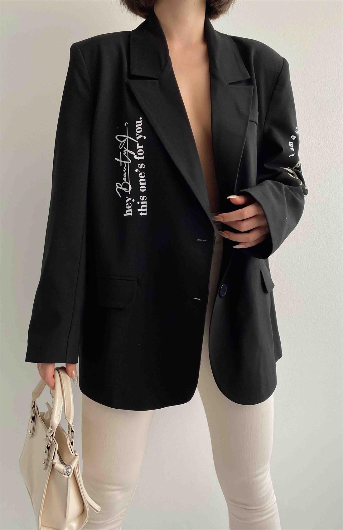 Yazılı Oversize Ceket SİYAH