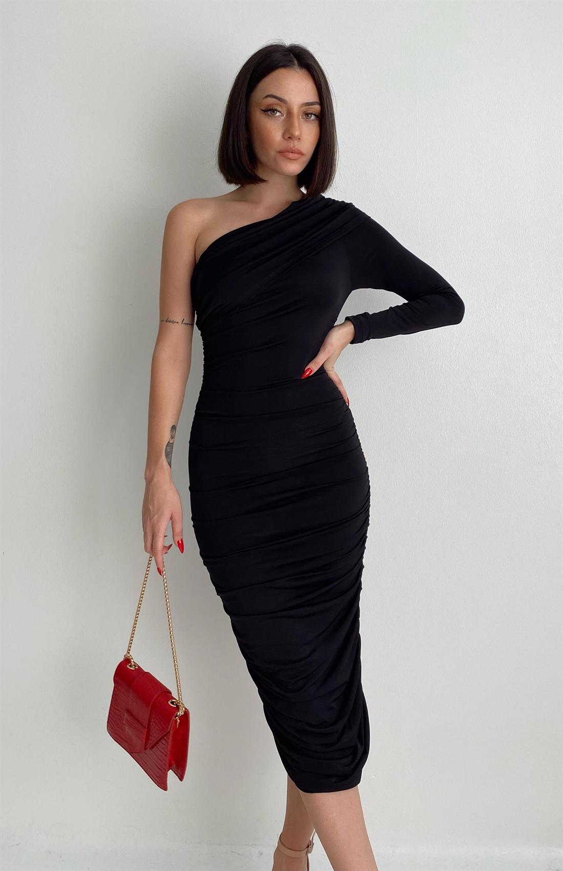 Asimetrik Yaka Tek Kol Elbise SİYAH