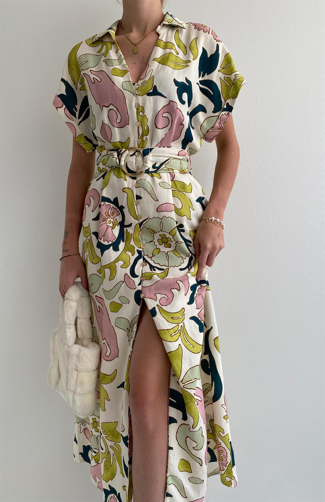 Desenli Biritli Elbise EKRU