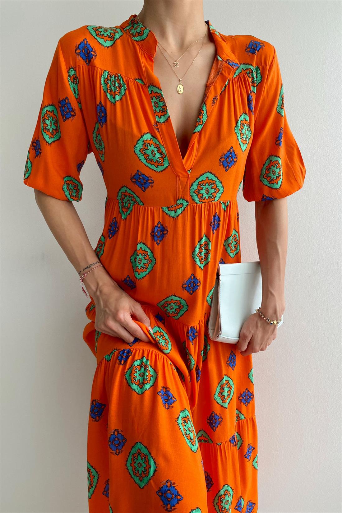 Desenli Elbise TURUNCU