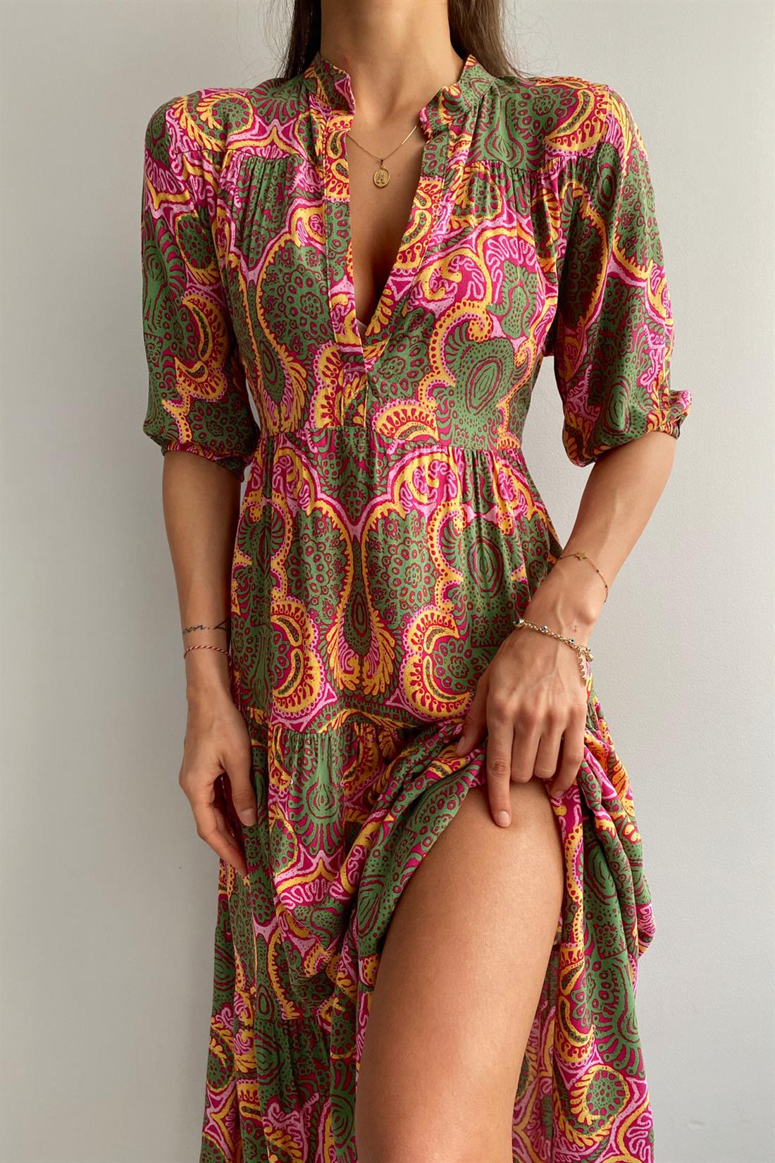 Desenli Elbise YEŞİL