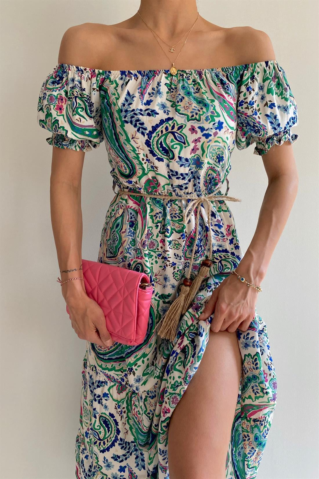 Desenli Elbise YEŞİL