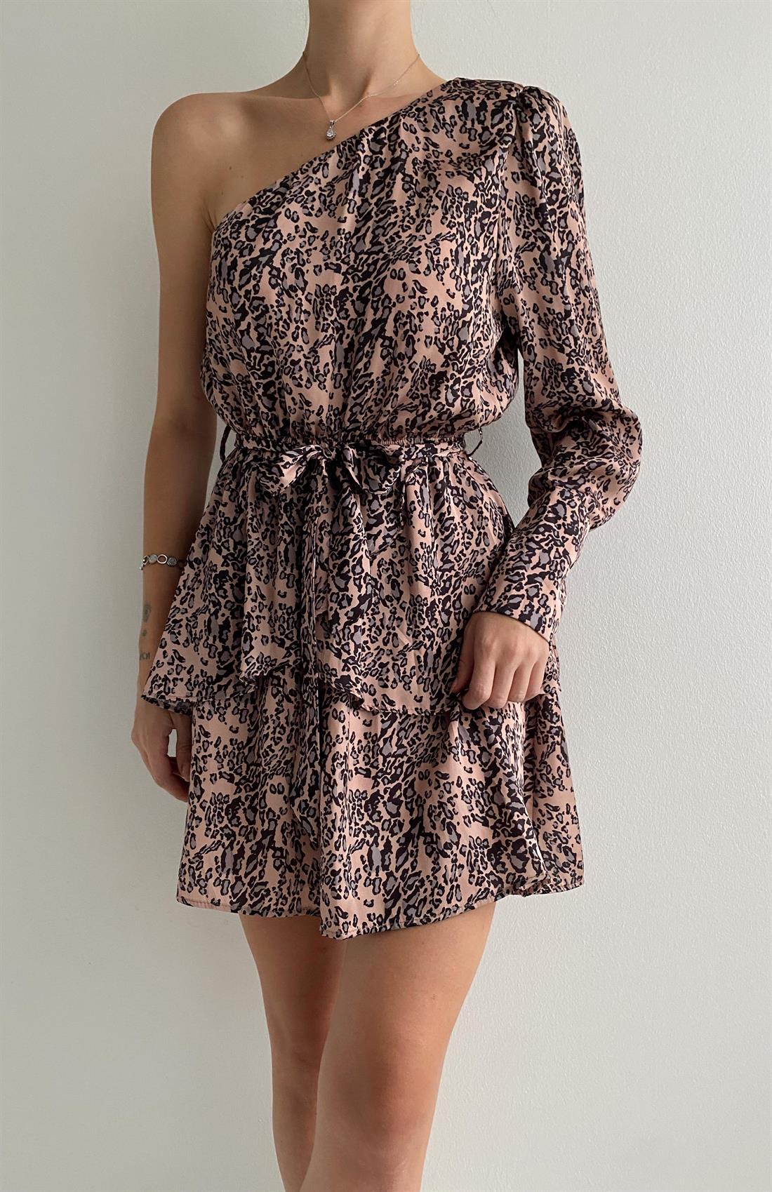 Desenli Tek Kol Mini Elbise CAMEL