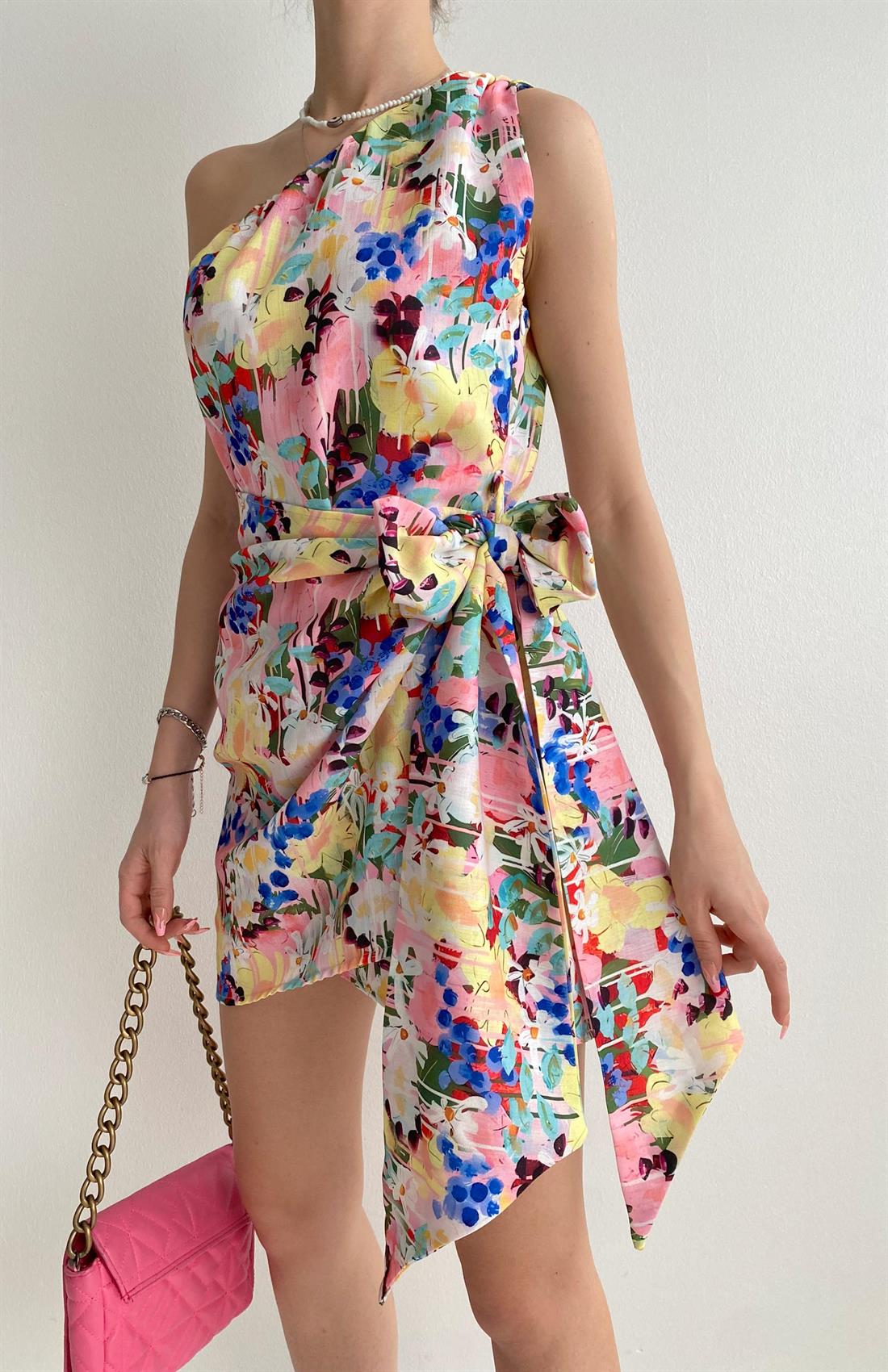 Desenli Tek Omuz Elbise PEMBE