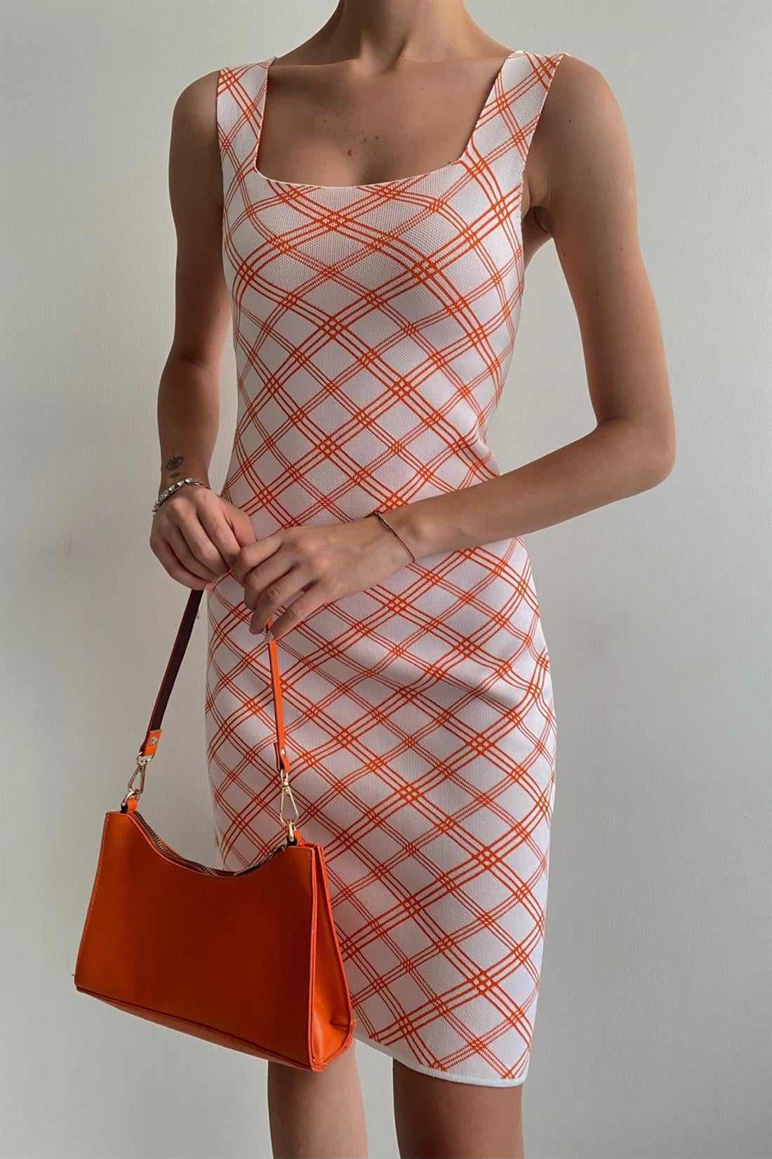 Desenli Triko Elbise TURUNCU