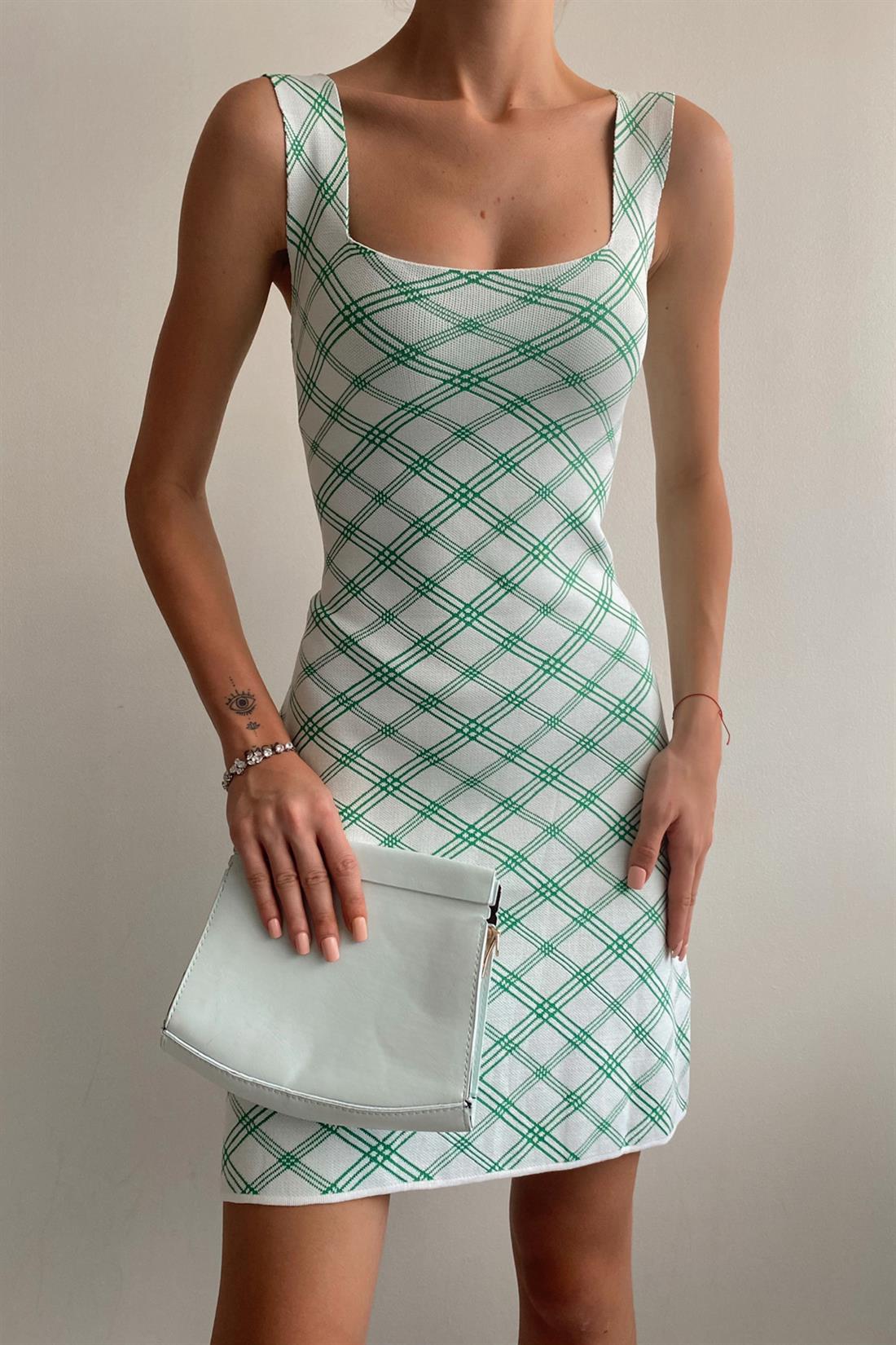 Desenli Triko Elbise YEŞİL