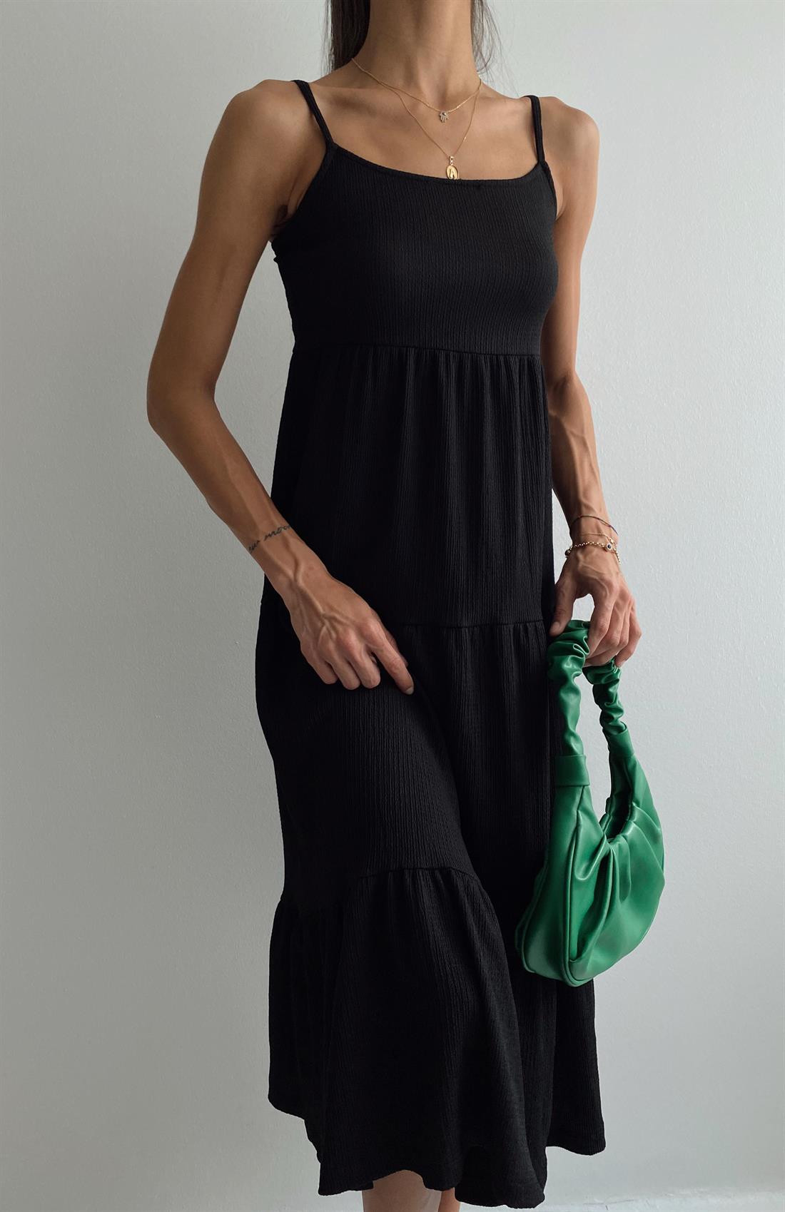 İp Askılı Kat Kat Elbise SİYAH