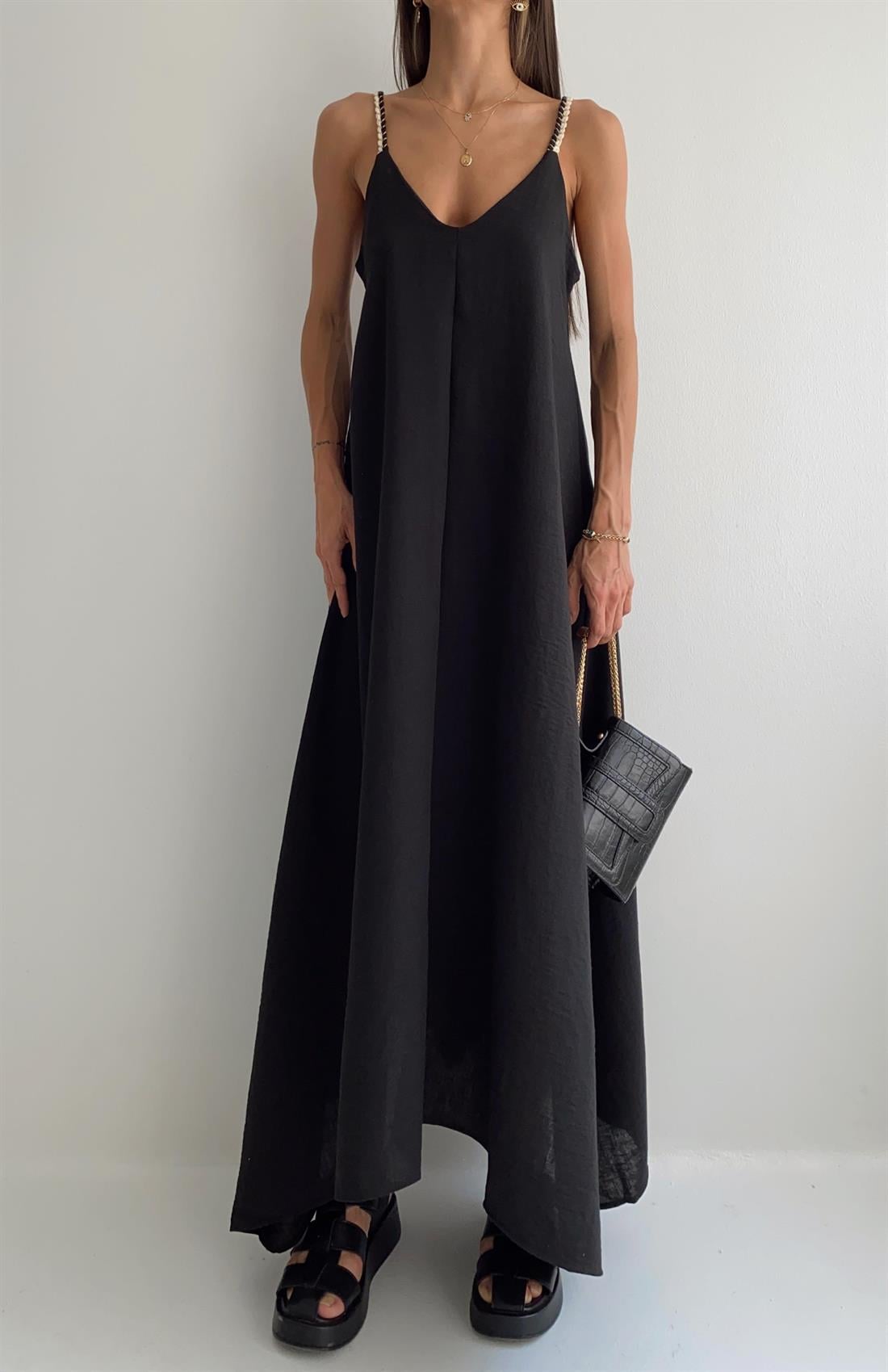 İp Askılı Keten Elbise SİYAH