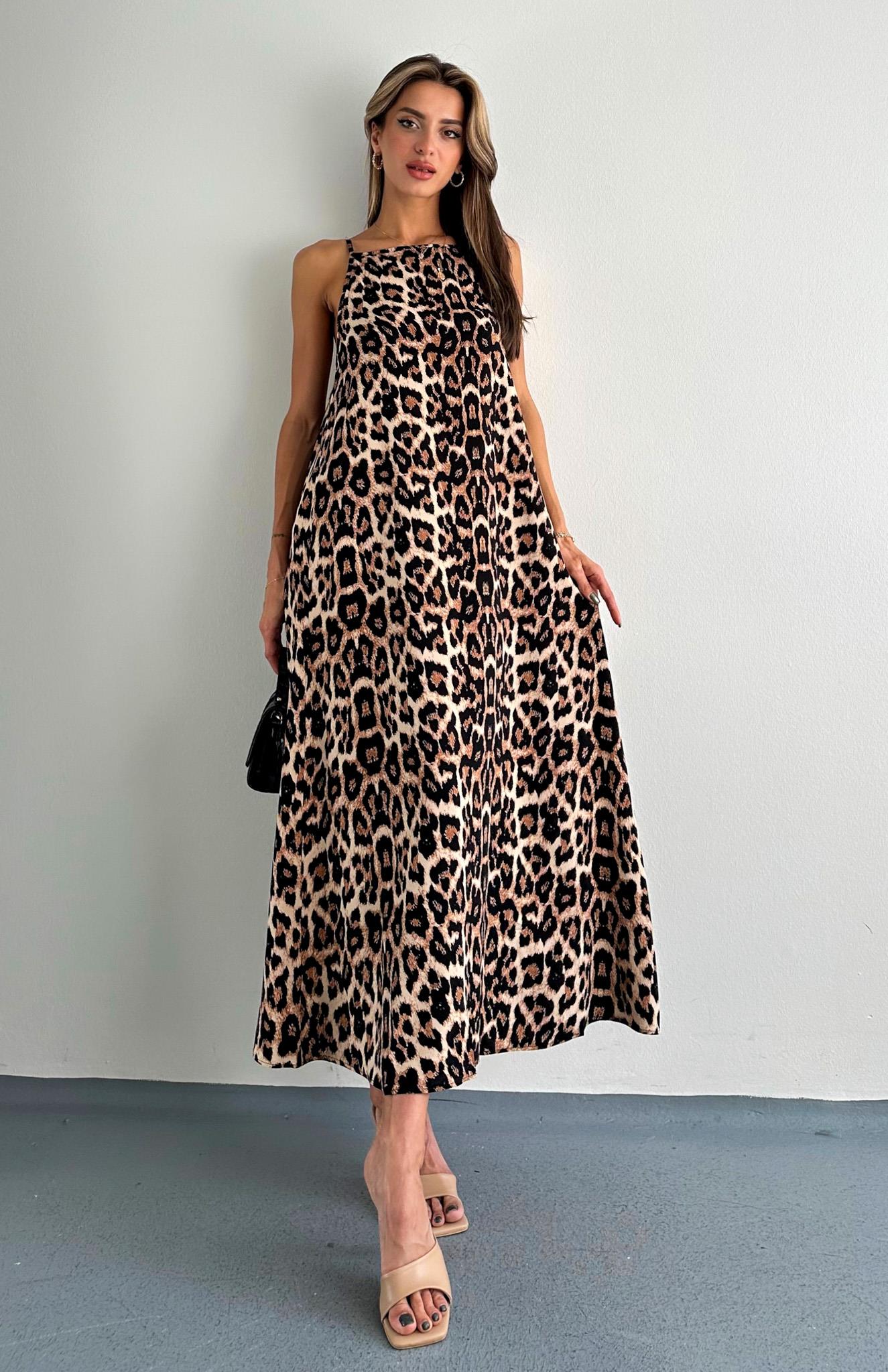 İp Askılı Leopar Elbise KAHVERENGİ