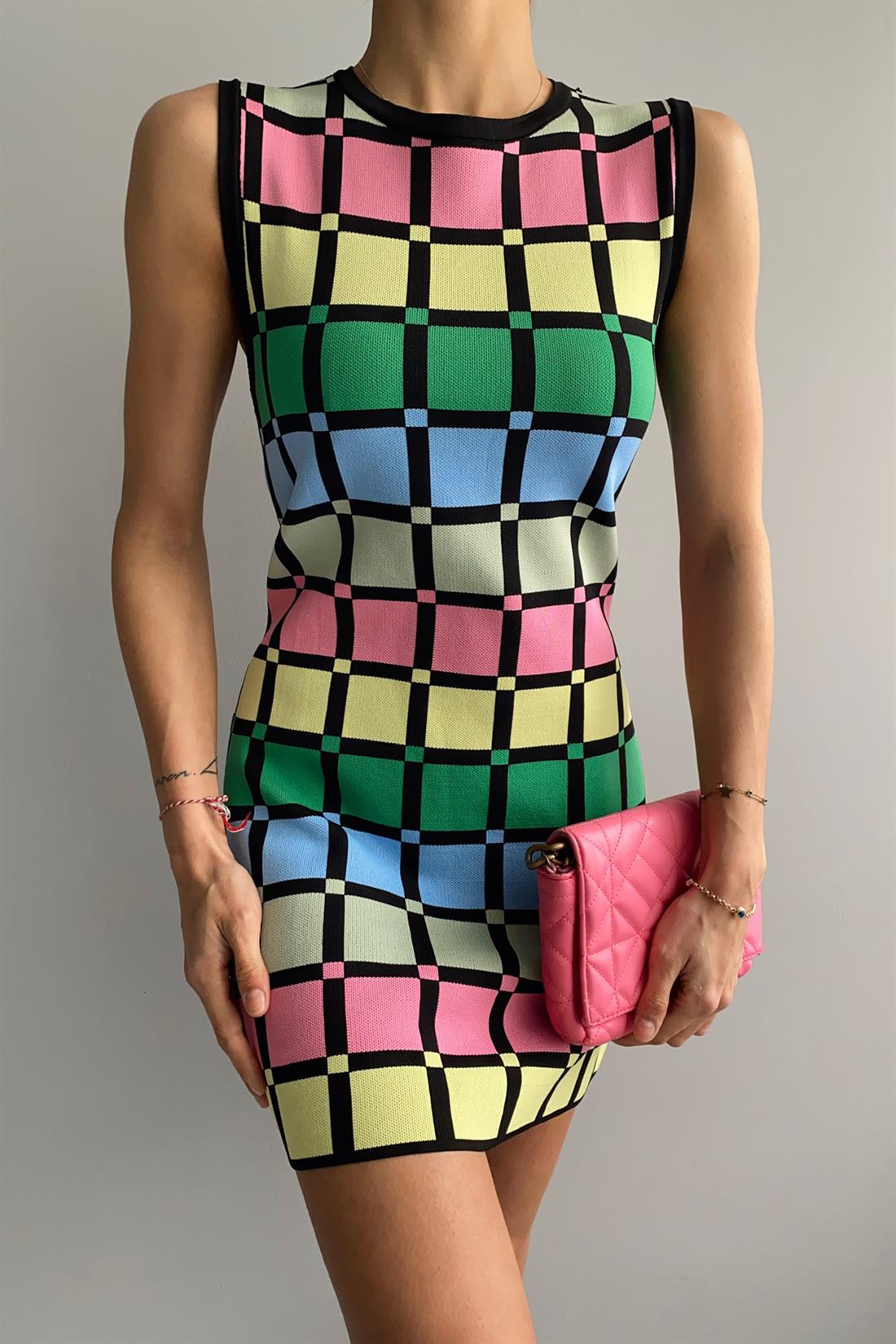 Kare DesenLİ Triko Elbise MULTİ COLOR