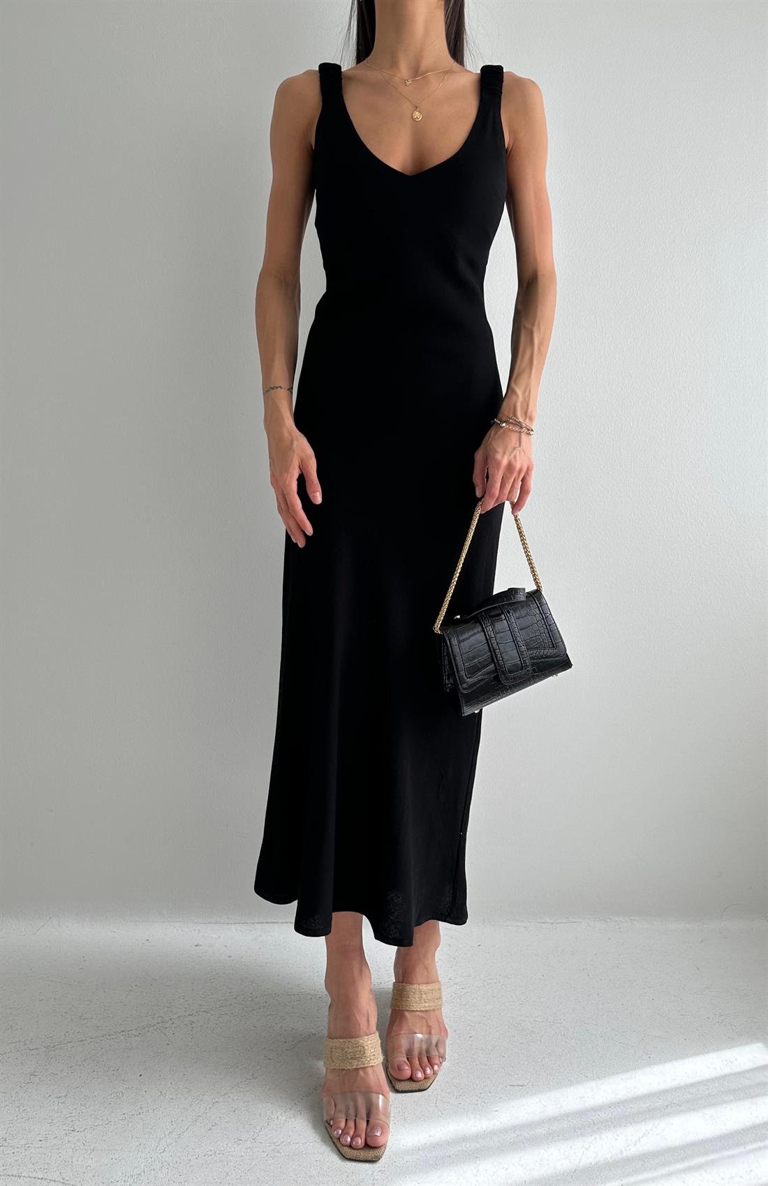 Keten Askılu Uzun Elbise SİYAH