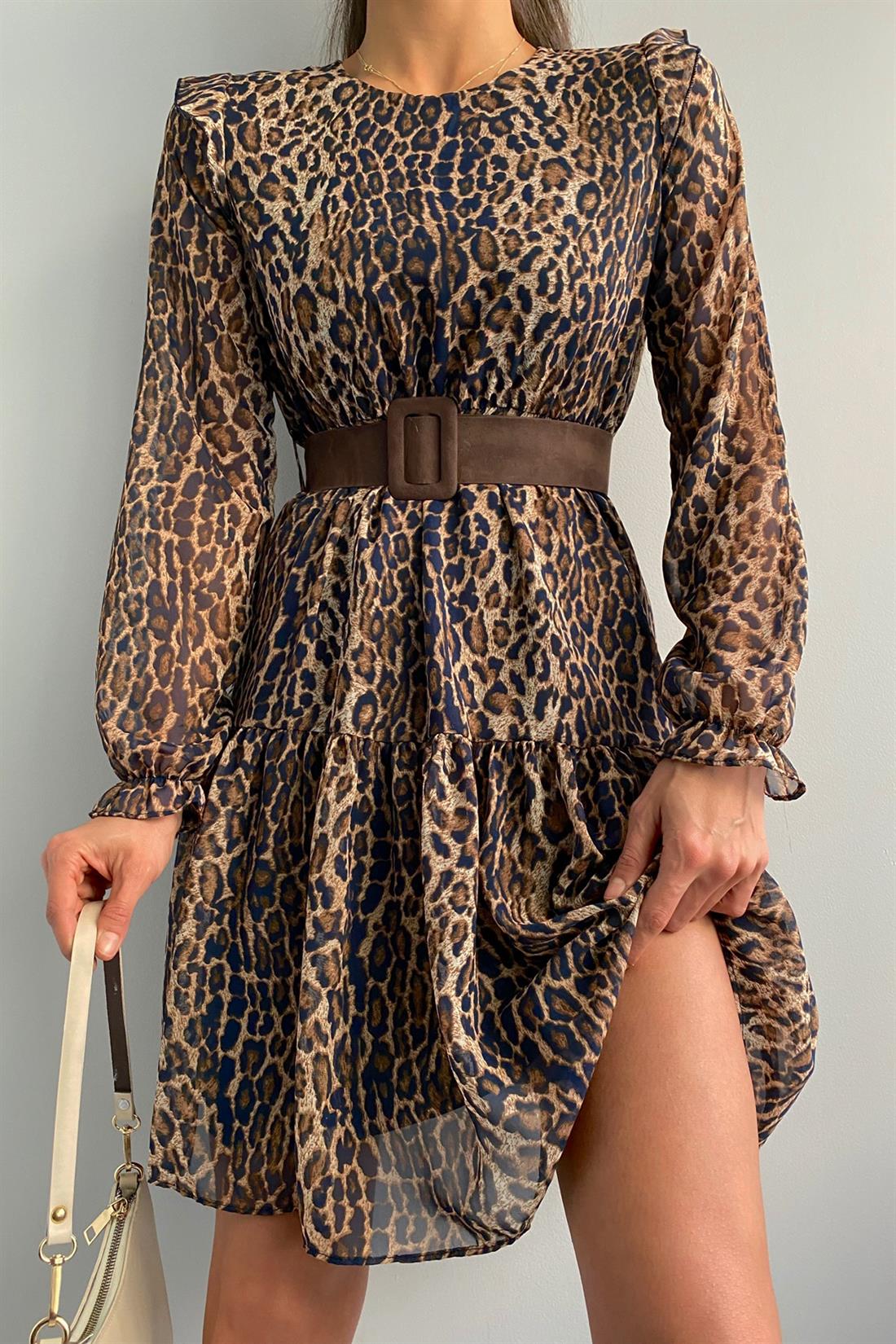 Leopar Baskılı Kemerli Elbise LEOPAR