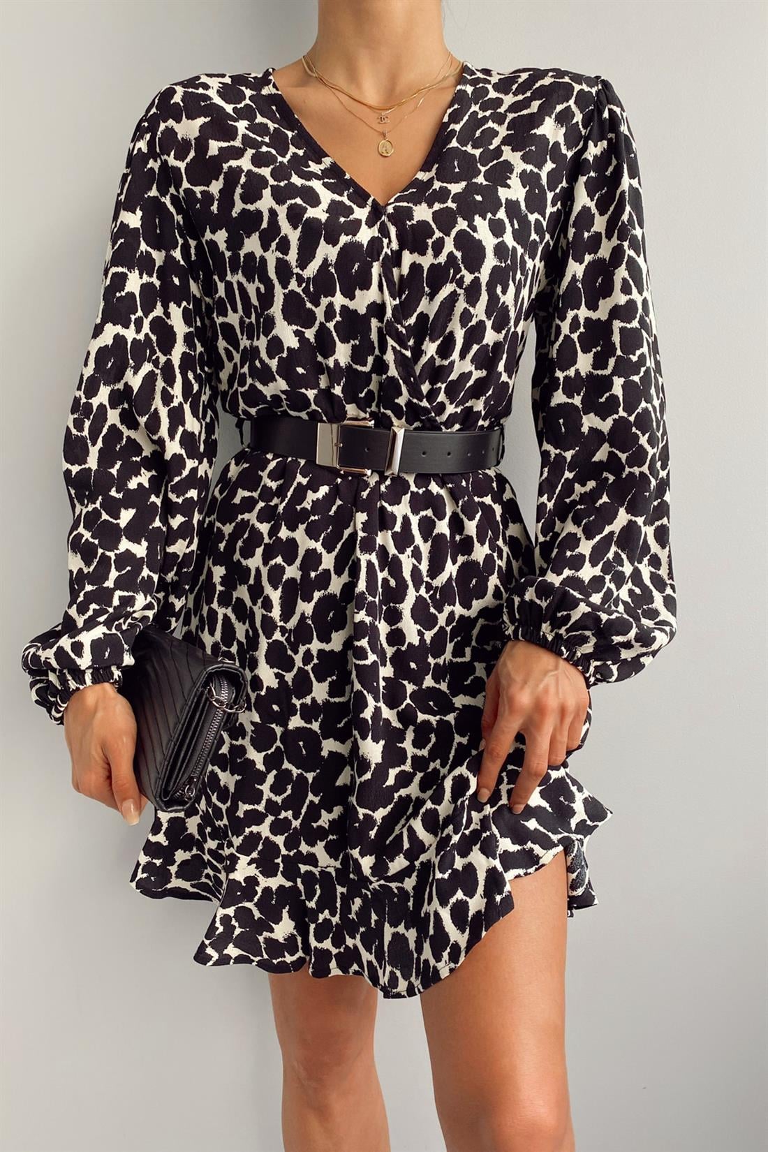 Leopar Desen Kruvaze Elbise SİYAH