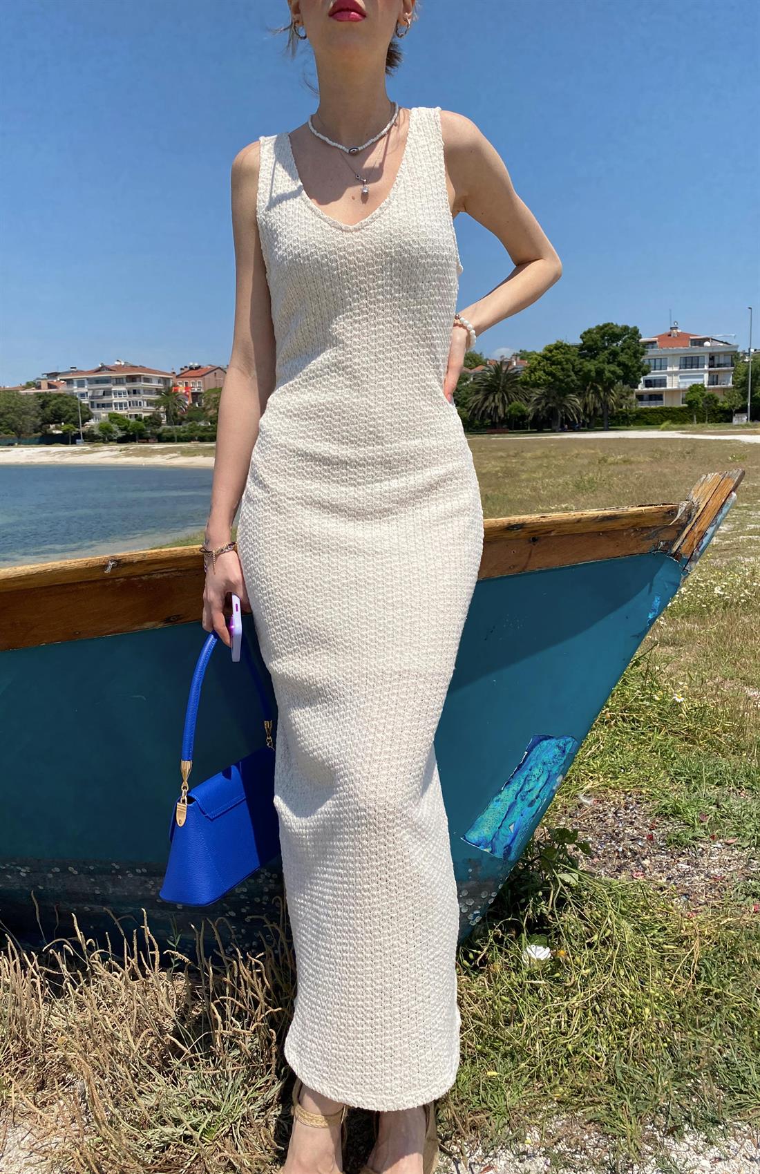 Ön Arka V Uzun Elbise BEJ